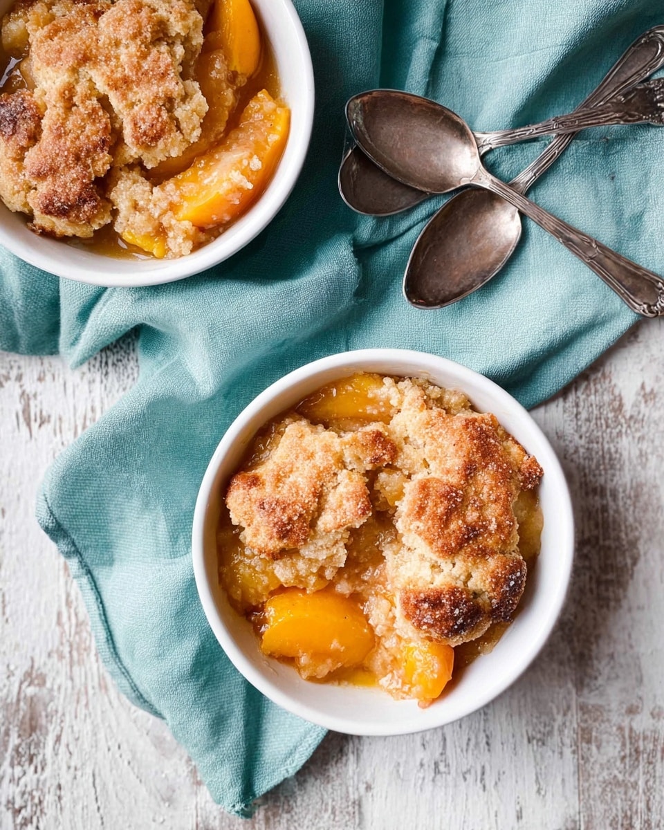 The image shows a white oval dish filled with a peach cobbler. The top layer is golden brown with a crumbly and slightly rough texture, sprinkled with white sugar crystals that add sparkle. Below the crust are soft, syrupy peach slices in bright orange color, visible at the edges and through some gaps in the crust. The dish sits on a white marbled surface with a hint of blue fabric slightly visible in the background. Photo taken with an iphone --ar 4:5 --v 7