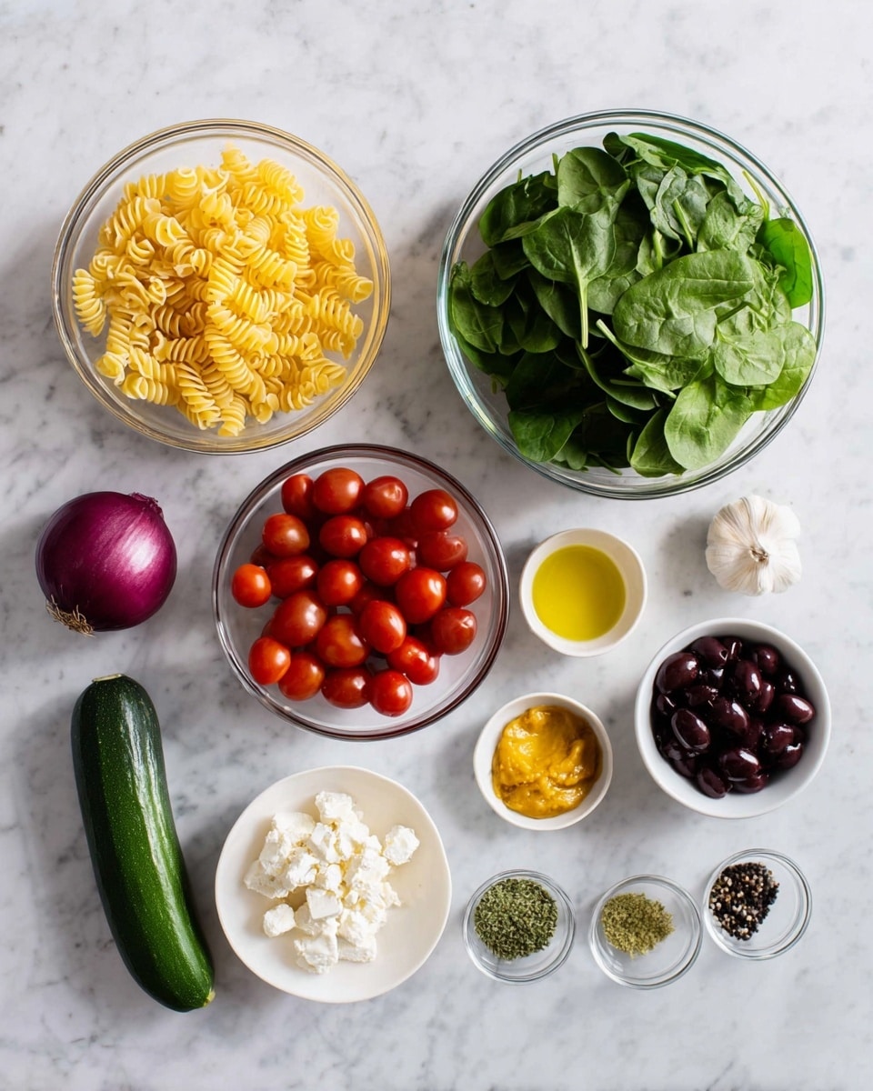 The image shows multiple clear glass bowls and loose ingredients arranged on a white marbled surface. There are ten different items in total: a large bowl filled with green fresh spinach leaves on the right, a large bowl filled with light yellow spiral pasta on the left, a medium bowl with bright red cherry tomatoes in the top center, a medium bowl with dark purple olives to the right of the tomatoes, a medium bowl with white crumbled cheese near the bottom left, a small bowl with mustard yellow paste on the top right, and three small bowls with green herbs and spices near the center. Additionally, there is a small clear container with light golden olive oil, a medium-sized purple onion, a long green cucumber at the top center, and a small bowl with a garlic clove and cracked black pepper near the center left. The layout is neat and evenly spaced, emphasizing the fresh and colorful ingredients. Photo taken with an iphone --ar 4:5 --v 7