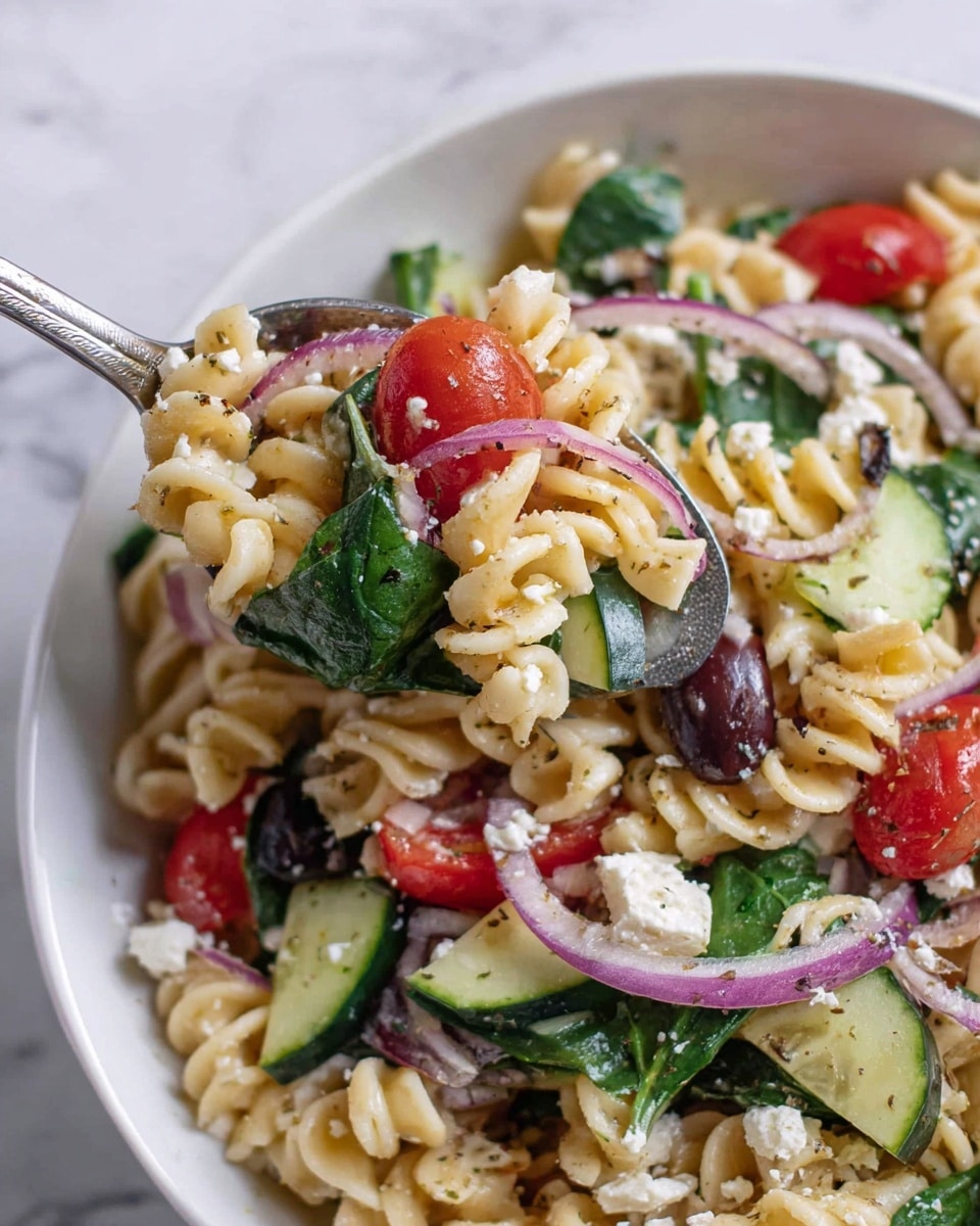 A white bowl filled with curly pasta mixed with fresh spinach leaves, small red cherry tomato halves, sliced dark olives, and bright green cucumber chunks. Thin rings of purple onion are layered throughout, along with crumbled white cheese scattered on top. The pasta looks soft and lightly coated with seasoning, with a silver spoon holding a scoop of this colorful mix close to the camera, showing the mix of all ingredients together. The background is a white marbled surface. photo taken with an iphone --ar 4:5 --v 7