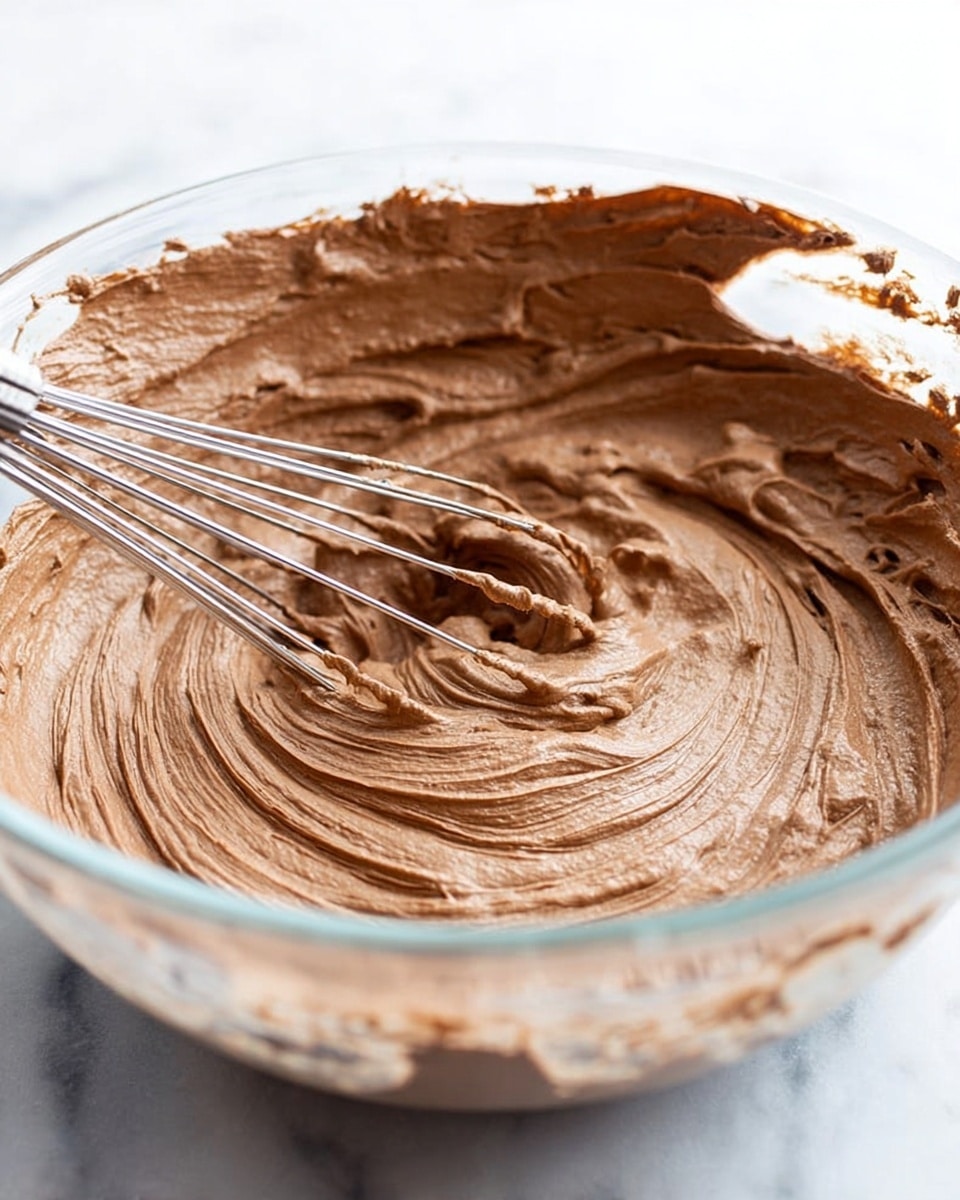 A close-up view of a clear glass bowl filled with thick, smooth chocolate mousse. The mousse is a rich light brown color and has been whipped to a creamy, fluffy texture with visible wave-like patterns on the surface made by a shiny metal whisk partially resting inside the bowl. The bowl sits on a white marbled surface, with some mousse slightly spread on the sides of the bowl. photo taken with an iphone --ar 4:5 --v 7
