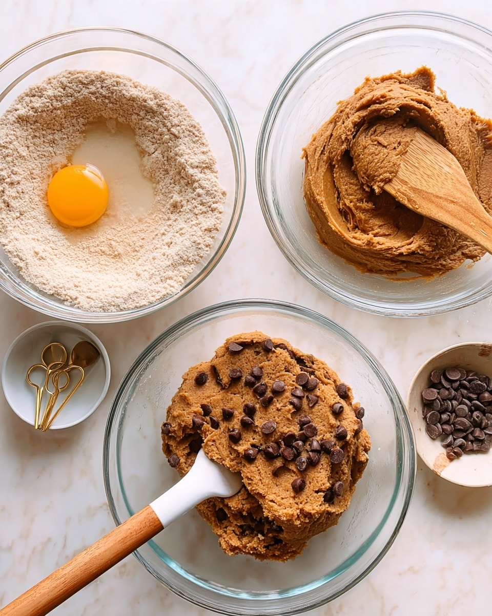 The image shows three clear glass bowls on a white marbled surface. The top left bowl holds a dry light brown powder with a cracked egg in the center, and a white spatula with a wooden handle stirring the mixture. The top right bowl displays a thick, sticky light brown dough being mixed by the same spatula. The large bottom bowl contains a darker brown dough with small dark chocolate chips spread evenly throughout, and the spatula resting inside. Around the bowls are small dishes and measuring spoons, adding to the baking scene. Photo taken with an iphone --ar 4:5 --v 7