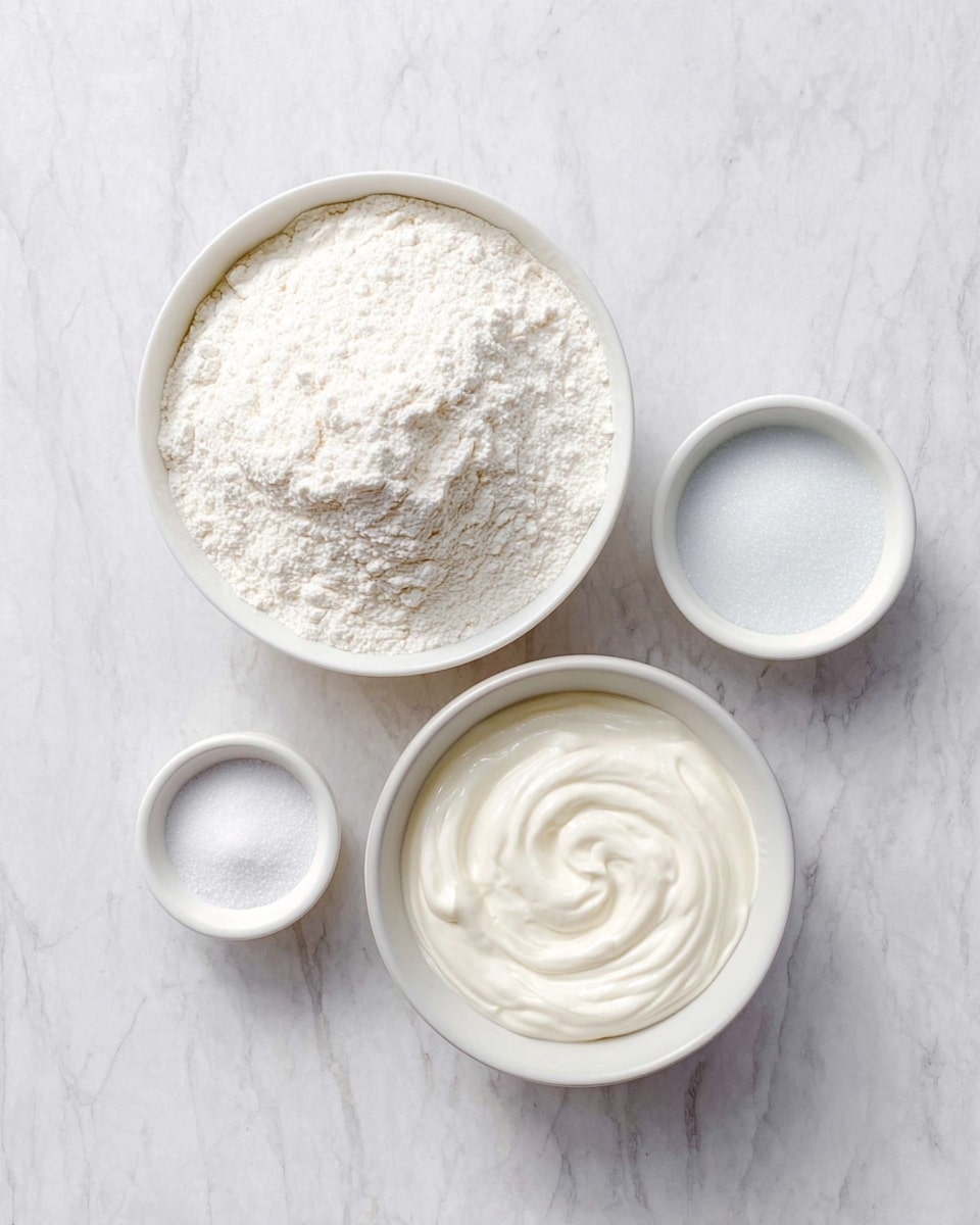 A top view of four white bowls on a white marbled surface, with the largest bowl filled with white flour that has a soft, powdery texture, placed at the left. To the right, a medium bowl contains thick, creamy white yogurt with smooth swirls on its surface. Above it, a small bowl holds fine white salt, and below the yogurt, another small bowl contains white baking soda, both with a fine, granular texture. Photo taken with an iphone --ar 4:5 --v 7