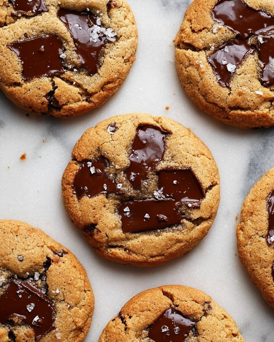 The image shows several round cookies laid out on a white marbled surface, each cookie having a golden brown color with a slightly crispy texture. The cookies have large, shiny, melted dark chocolate chunks embedded in the top layer, unevenly spread, with some puddles of glossy chocolate. Light flakes of salt are scattered across the cookies, adding small white spots that contrast with the golden cookie and dark chocolate. The cookies have slight cracks around the edges, giving a rustic homemade look. photo taken with an iphone --ar 4:5 --v 7