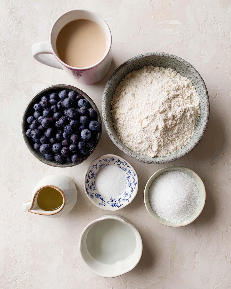 The image shows six small bowls with different ingredients arranged on a white marbled surface. In the top right, there is a greyish, speckled bowl filled with white flour. Above it, a white mug with a pink inside holds a beige liquid. To the left of the flour, a white small pitcher contains a clear golden liquid. Below the pitcher, a dark bowl is full of fresh blueberries. To the right of the blueberries, a white bowl with small blue floral patterns is filled with white sugar. Below the sugar bowl, a small white bowl contains a white powder. Finally, at the bottom center, there is a white shallow bowl with a small amount of clear water. Photo taken with an iphone --ar 4:5 --v 7