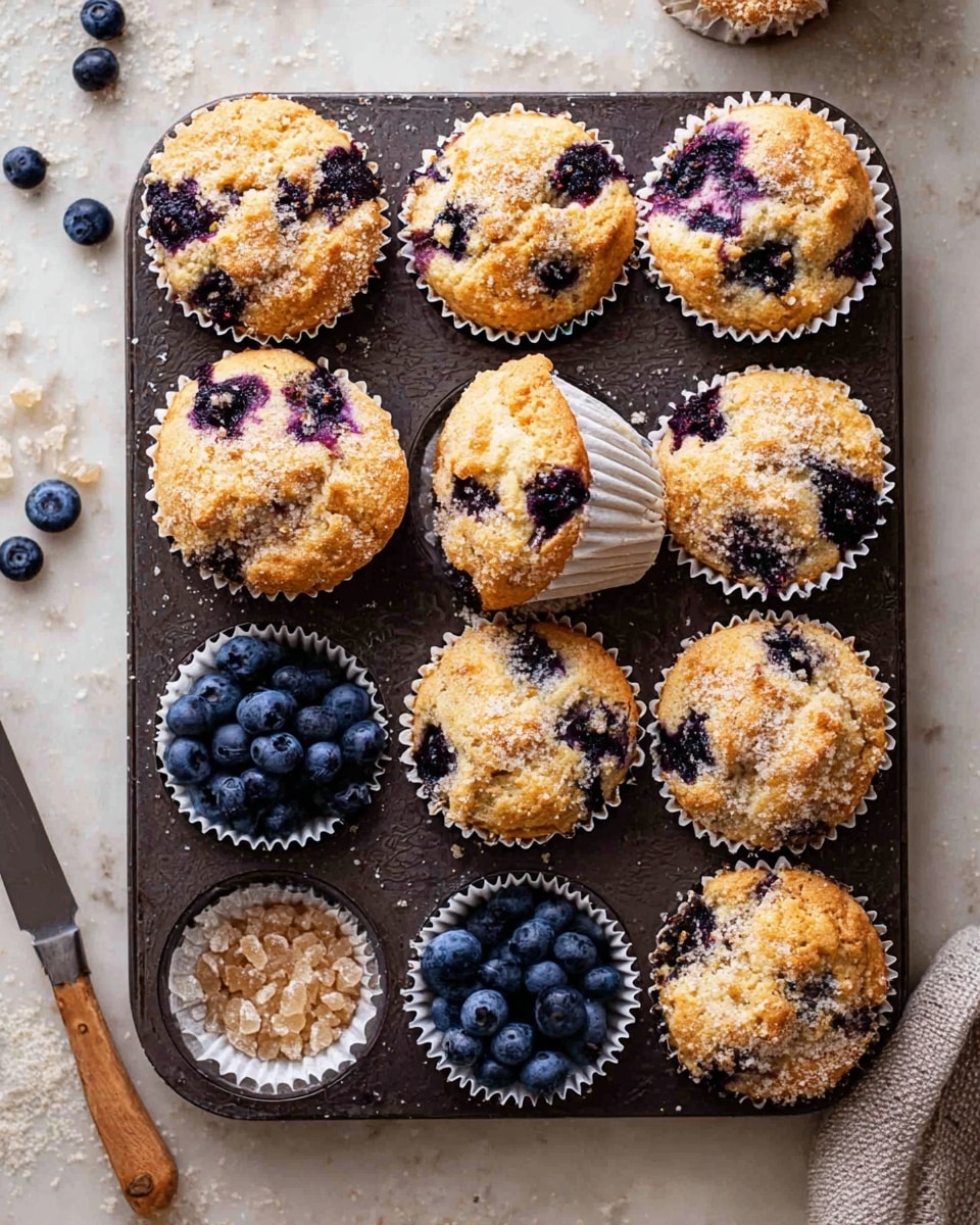 A dark metal muffin tray holds nine golden-brown blueberry muffins set in white paper liners; the muffins are studded with whole dark blueberries that create purple stains on the sides and tops, which look rough with a crumbly, sugary texture. Two empty slots in the tray are filled with fresh blueberries and brown sugar crystals, showing a contrast between the soft baked muffins and the fresh berries and sugar. The tray sits on a white marbled surface with a bit of scattered sugar around the muffins. A knife with cream and a woman's hand are partially visible at the edges. photo taken with an iphone --ar 4:5 --v 7