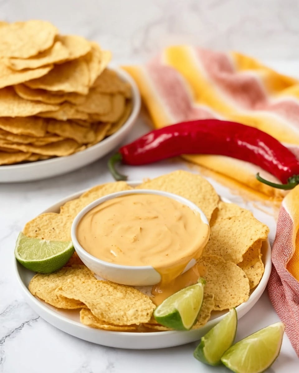 A white plate holds about two layers of round, light yellow tortilla chips, topped unevenly with a thick, smooth, light orange sauce that looks creamy. On the front right side of the plate, two lime wedges sit, showing green skin and pale green inside. In the background, a white plate with a white bowl of light orange sauce and stacks of more tortilla chips are visible, along with a bright red chili pepper and a soft yellow and pink striped cloth. All items rest on a white marbled surface. Photo taken with an iphone --ar 4:5 --v 7