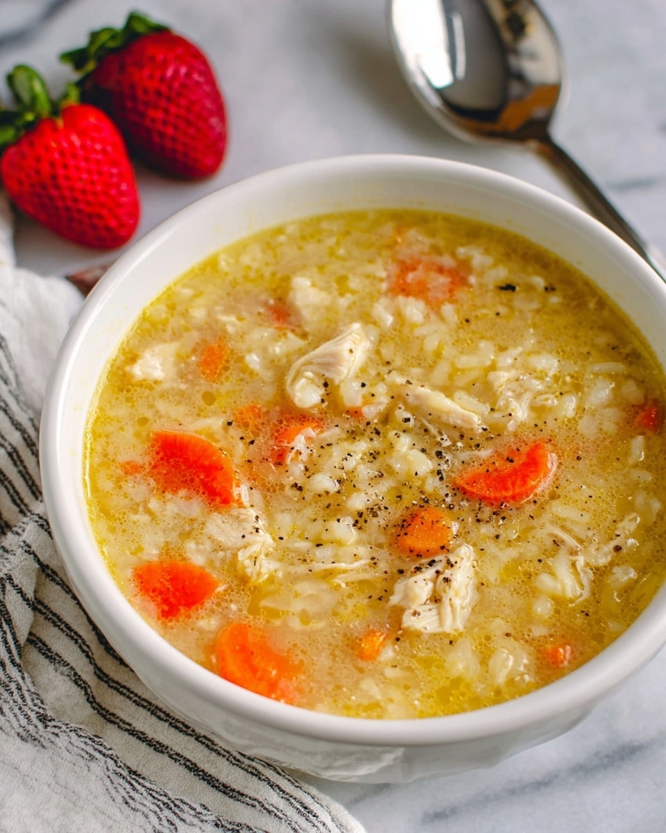 A white bowl filled with a thick soup containing small pieces of chicken, orange carrot slices, and soft grains of rice or barley all mixed in a light yellow broth, sprinkled with black pepper on top. The bowl rests on a white marbled surface, a silver spoon beside it on a white and grey striped cloth. In the background, two fresh strawberries with green leaves are partially visible. Photo taken with an iphone --ar 4:5 --v 7