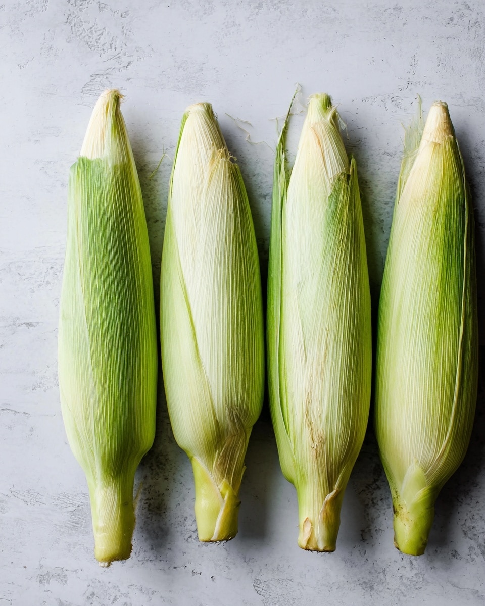 Four whole ears of corn with green and pale yellow husks, lined up side by side on a white marbled surface, each ear pointing upward, with slight color and texture differences in the husks showing natural freshness, photo taken with an iphone --ar 4:5 --v 7