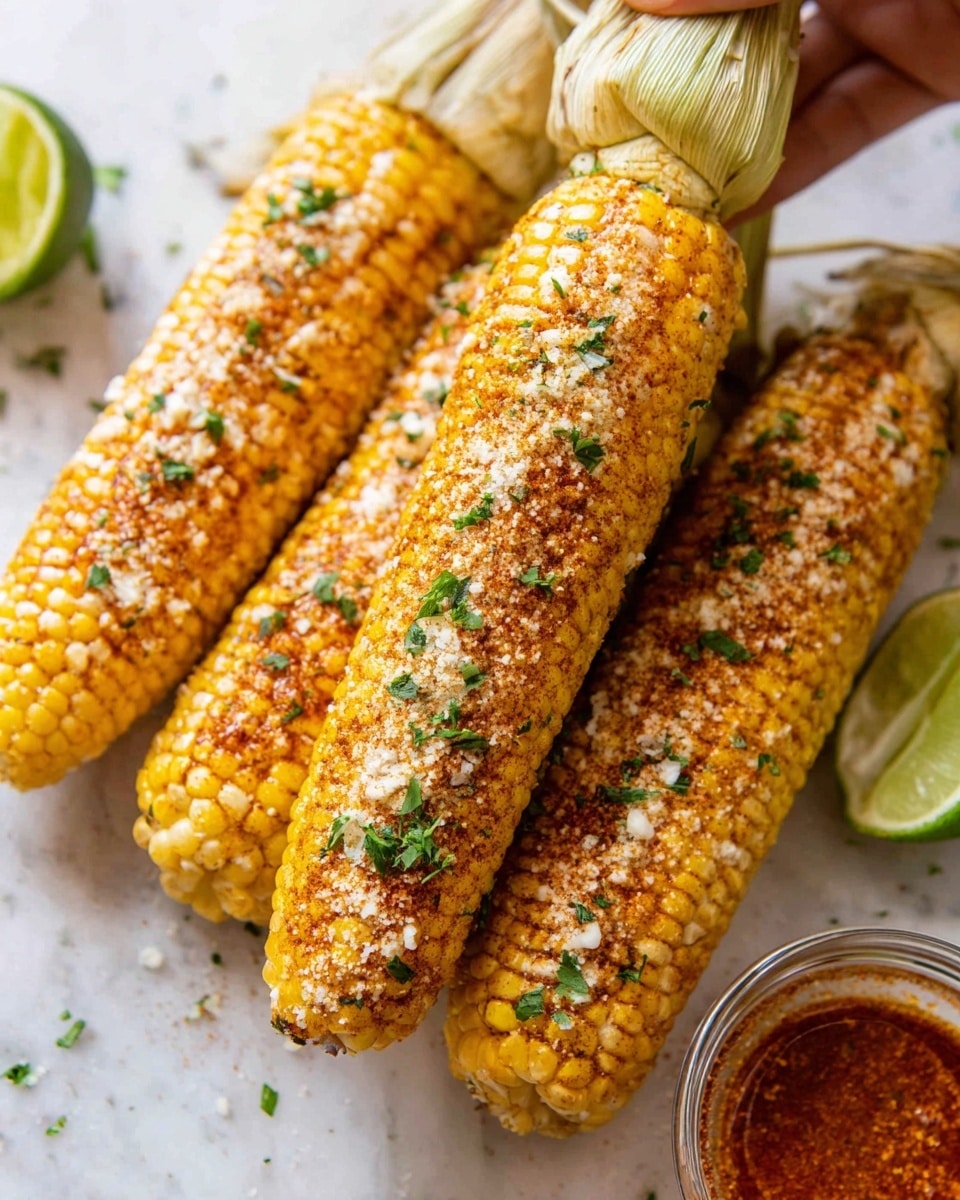 A white plate holds three yellow corn cobs lined up diagonally, each covered with green herb pieces and a light dusting of white cheese or powdery topping. A lime wedge rests near the top right edge of the plate. The scene is set on a white marbled surface, highlighting the bright yellow corn and fresh green herbs. photo taken with an iphone --ar 4:5 --v 7