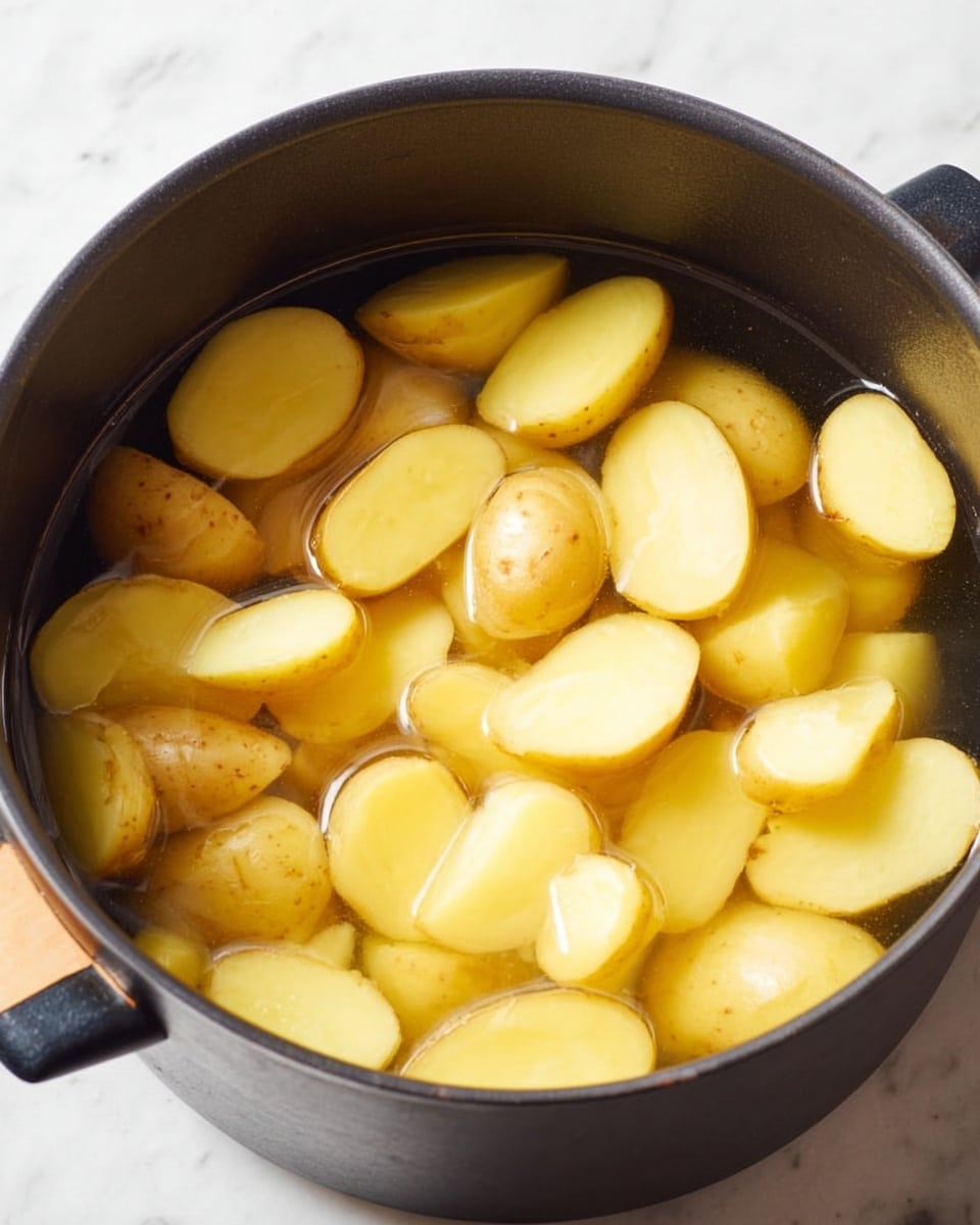 A black pot filled with water and many yellow potato pieces soaking in it, cut into halves and quarters, showing smooth and slightly rough skin with pale yellow flesh inside. The pot sits on a white marbled surface, and the water gently covers the potatoes with a slight ripple effect. The pot has a black handle with a light tan accent near the top. photo taken with an iphone --ar 4:5 --v 7