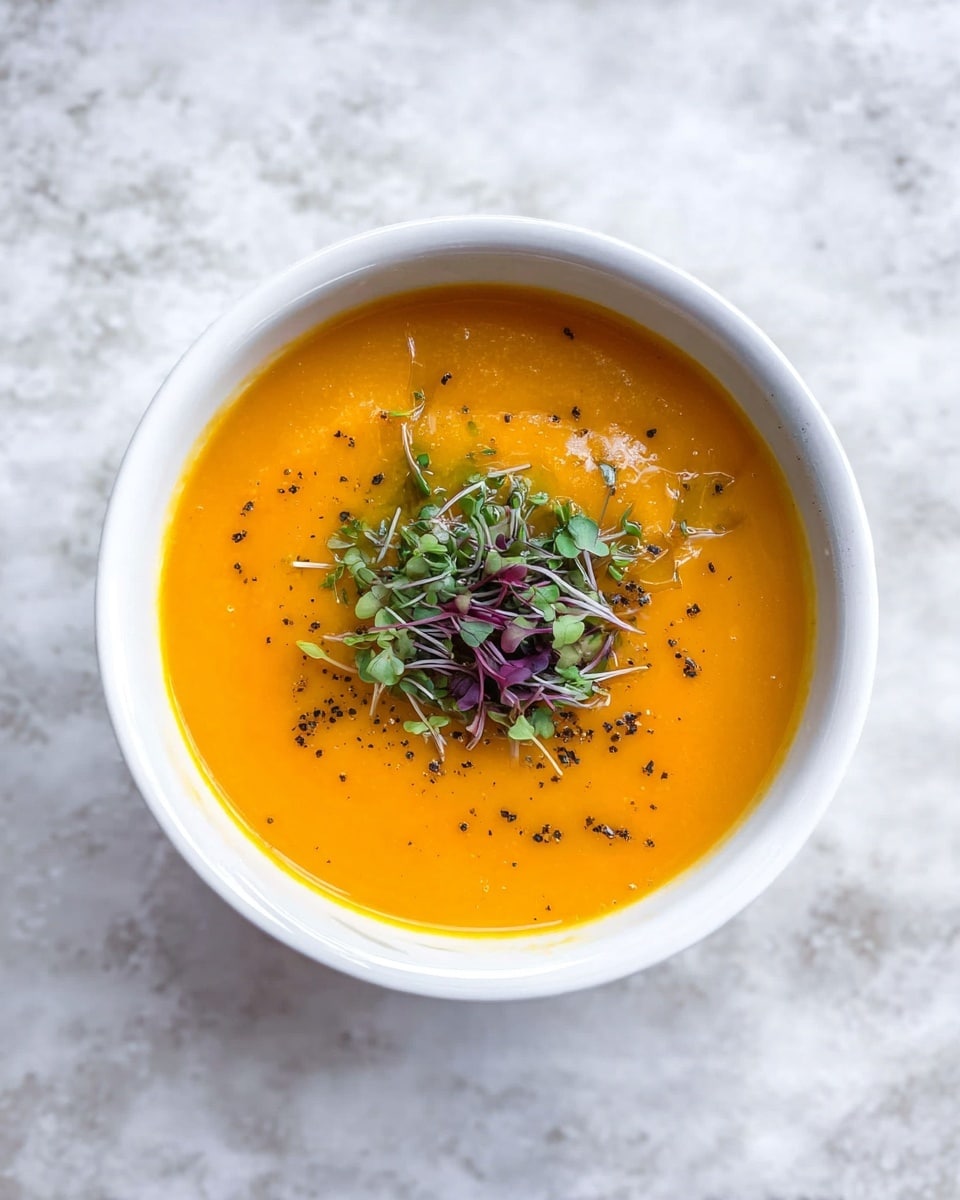 A white bowl filled with smooth, bright orange soup that has a creamy texture. On top, there is a small pile of fresh, green microgreens with thin purple stems placed slightly off center. The surface of the soup shows tiny specks of black pepper and a few drops of oil, giving it a shiny, fresh look. The bowl sits on a white marbled surface with soft shadows around it. photo taken with an iphone --ar 4:5 --v 7