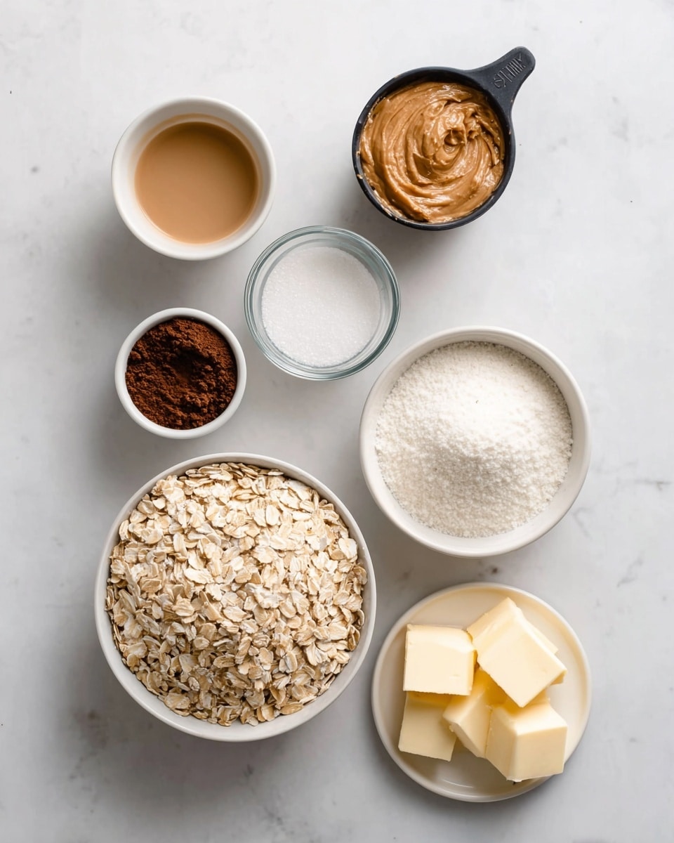 The image shows seven small white bowls arranged on a white marbled surface, each holding a different ingredient. Starting from the top left, there is a small bowl with a light brown liquid, followed by a black measuring cup filled with smooth, light brown peanut butter. To the right, a large white bowl is full of white granulated sugar. Below the peanut butter, a clear measuring cup contains a small amount of white liquid, next to a small white bowl filled with dark brown cocoa powder. At the bottom center, a larger white bowl is piled high with light beige rolled oats. Lastly, a small white plate holds neatly cut yellow cubes of butter. photo taken with an iphone --ar 4:5 --v 7