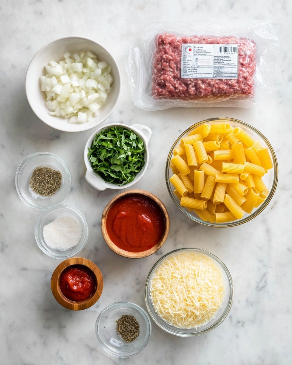 The image shows a flat lay of cooking ingredients on a white marbled surface. There is a clear glass bowl filled with uncooked yellow rigatoni pasta positioned on the right side. Above it lies a vacuum-sealed pack of raw ground meat with a label on top. To the left of the pasta, there is a white bowl with chopped white onion and another small white bowl containing green fresh herbs. A slightly larger white bowl holds a smooth red tomato sauce, and next to it is a tiny wooden bowl with bright red tomato paste. Below the pasta bowl, there is another clear glass bowl filled with finely grated pale-yellow cheese and a small container of white granulated seasoning. Positioned near the center is a tiny bowl with a mix of dried herbs and spices. The arrangement is neat and centered, with all the ingredients evenly spaced on the white marbled surface, photo taken with an iphone --ar 4:5 --v 7