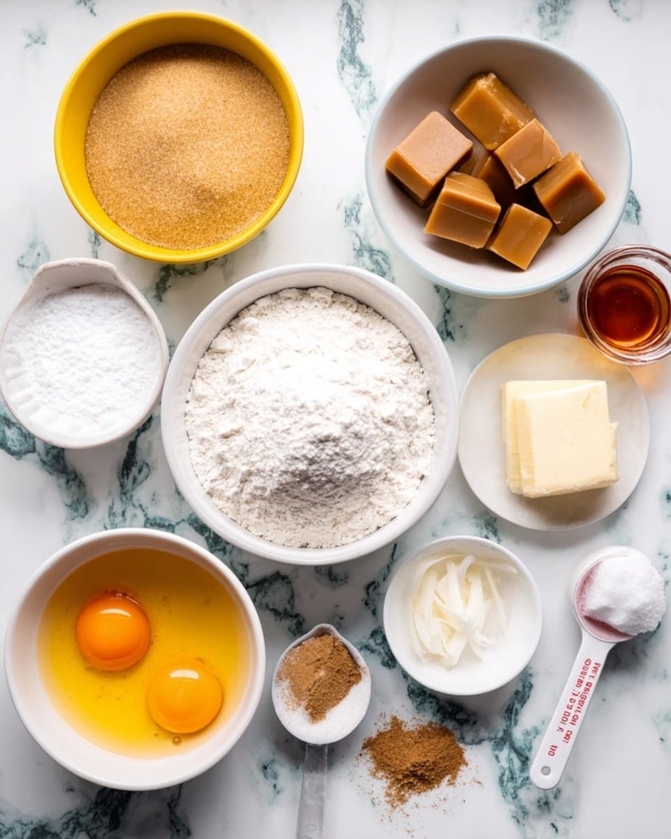A top view of various baking ingredients arranged on a white marbled surface, including a white bowl filled with white flour in the center, a yellow bowl with light brown sugar on the left, a smaller yellow bowl with two raw egg yolks below it, a white bowl with square caramel pieces at the top right, a small white bowl with coarse salt above center, a stick of salted butter in light yellow near the bottom right, a small glass container with an amber liquid next to the butter, a small white bowl with white granulated sugar at the top right edge, and a white measuring spoon with a small mound of brown spice near the bottom right, all evenly spaced in a neat layout photo taken with an iphone --ar 4:5 --v 7