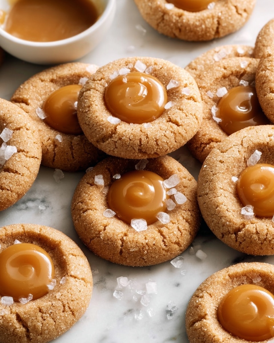 The image shows several round cookies laid out closely together on a white marbled surface. Each cookie has a crumbly light brown base with a rough texture and is topped with a smooth, shiny, bright caramel-colored dollop in the center. The caramel dollops vary in shape, some slightly spread, others more rounded and glossy. Scattered on and around the caramel are small flakes of white sea salt, adding contrast. The cookies have a homemade look with slight cracks on the edges. photo taken with an iphone --ar 4:5 --v 7