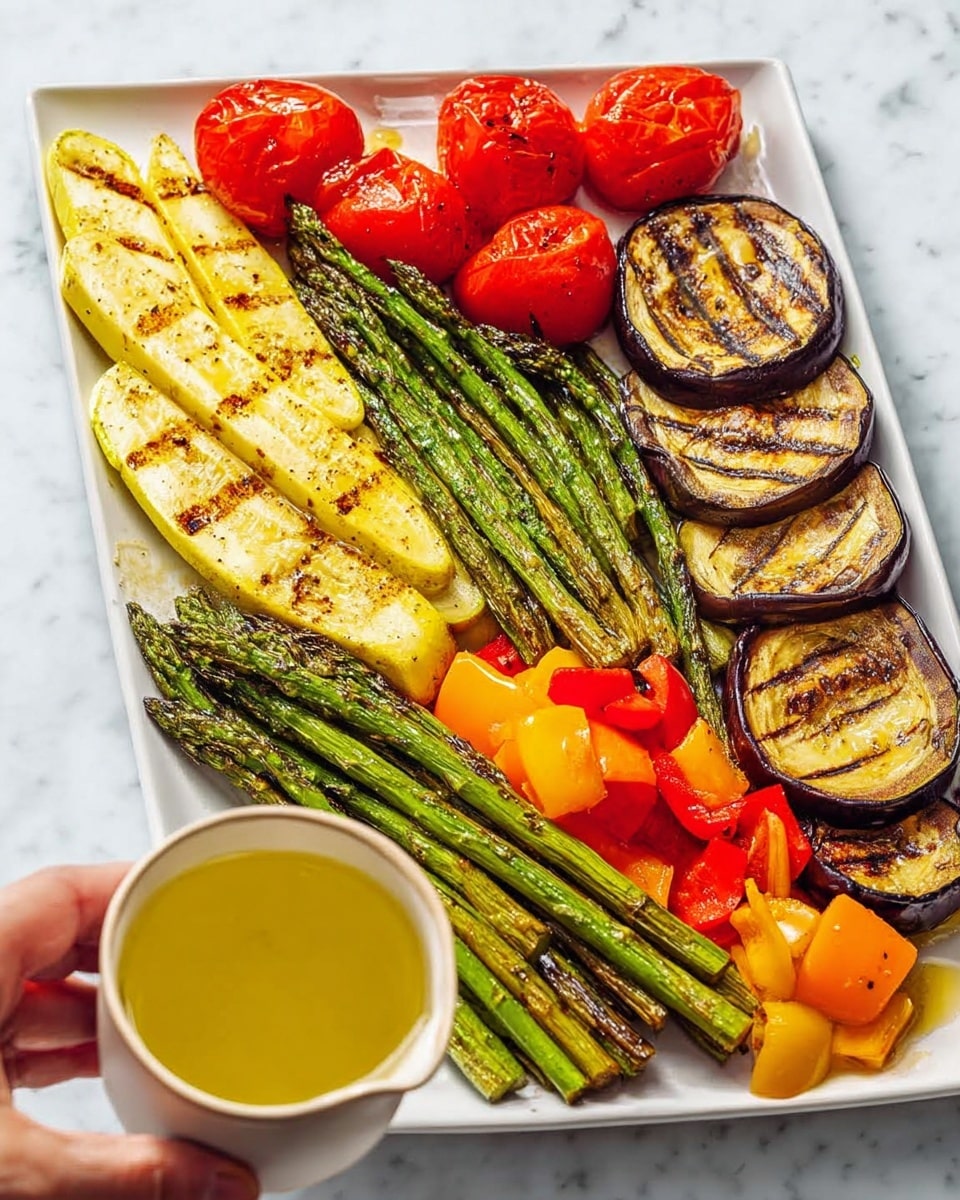 This image shows a white rectangular plate with a variety of grilled vegetables arranged in layers. On the left side, there are bright red grilled tomatoes with a slightly wrinkled texture. Next to them at the bottom left are long, yellow grilled zucchini slices with visible grill marks. In the center are green asparagus spears with charred spots. On the right side, there are round, brownish grilled eggplant slices layered on top of each other. Scattered among the eggplants, there are small, colorful grilled bell peppers in red, orange, and yellow. At the bottom center, a woman's hand holds a white cup pouring a light yellow sauce or oil over the vegetables. The plate is set on a white marbled surface. Photo taken with an iphone --ar 4:5 --v 7