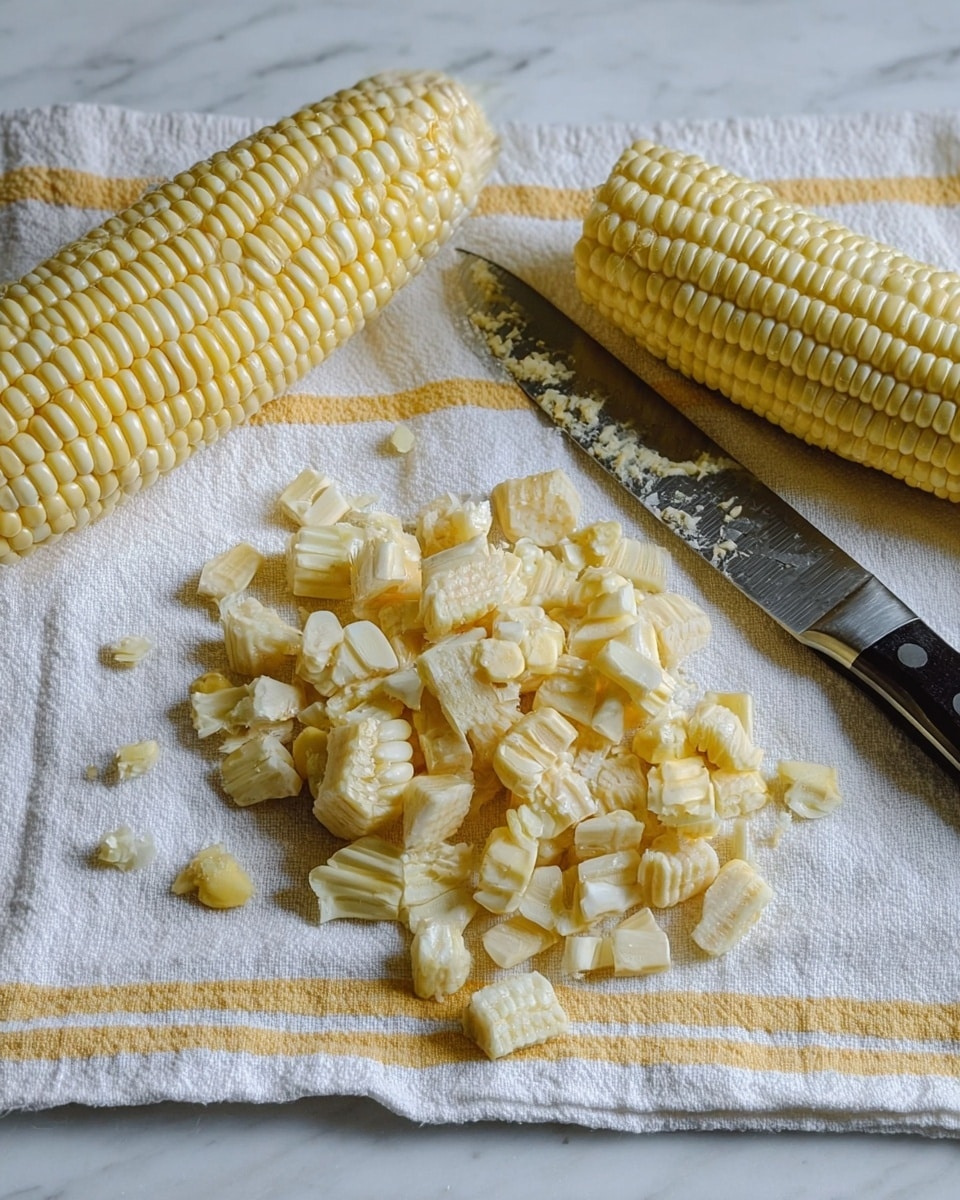 The image shows two whole ears of light yellow corn placed on a white cloth with yellow stripes, lying on a white marbled surface. In the center, many small pieces of corn, both loose kernels and sections of the cob, are scattered in a pile, showing textures of smooth kernels and the rougher white cob. A knife with a black handle, lying flat on the cloth next to the corn, has some corn bits stuck to its blade. The scene is well-lit, showing soft shadows and highlighting the fresh and natural colors of the corn. photo taken with an iphone --ar 4:5 --v 7