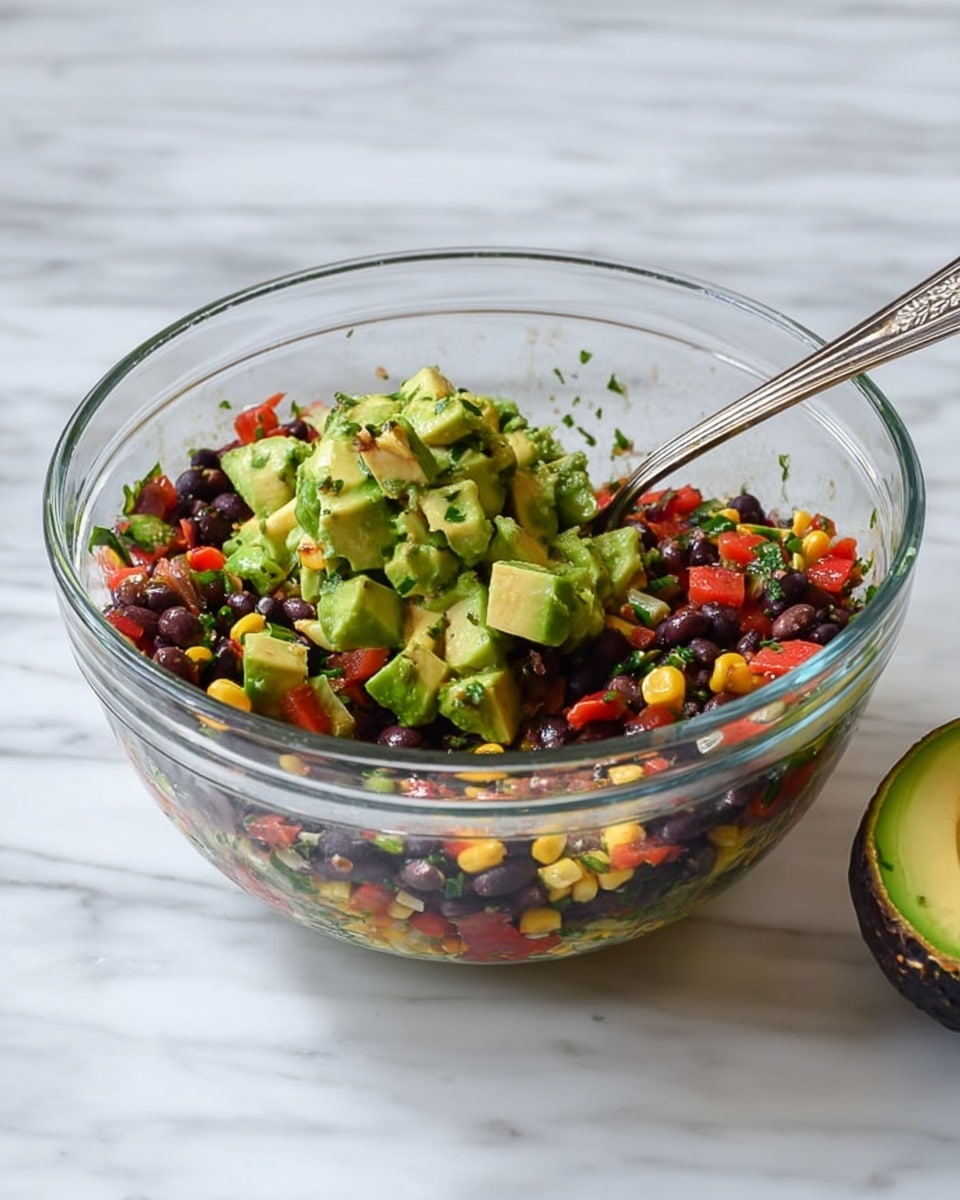 A clear glass bowl sits on a white marbled surface filled with a colorful salad made of several layers: the bottom layer has black beans and small yellow corn pieces mixed with crushed red bell peppers and sprinkled bits of chopped green herbs. On top of this is a mound of chunky avocado pieces in a bright green color, slightly mashed in the center and cubed around the edges. A silver spoon rests inside the bowl, partially submerged in the salad, and an empty avocado shell lies beside the bowl. Photo taken with an iphone --ar 4:5 --v 7