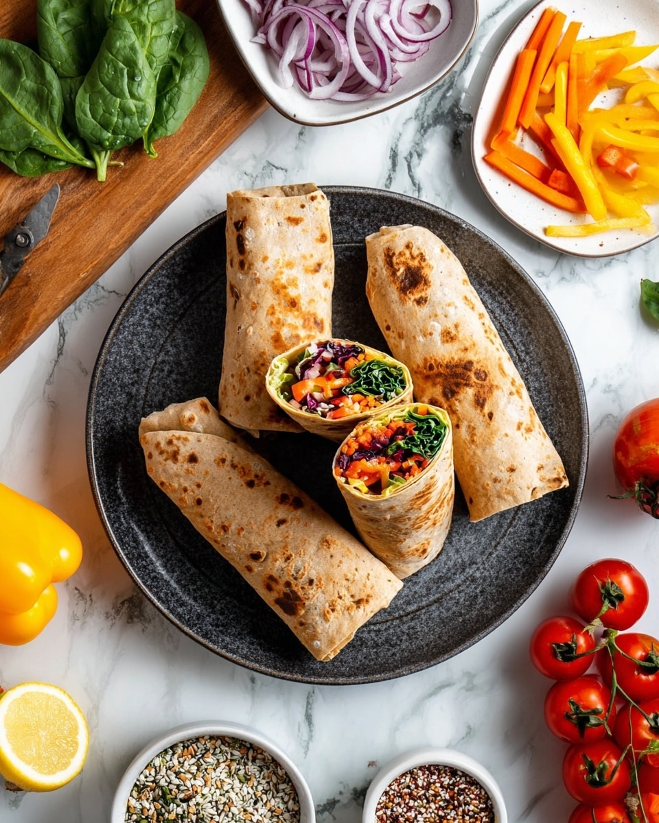 Four light brown wraps with browned spots lie on a round dark plate placed on a white marbled surface; one wrap is cut in half, showing colorful layers inside including green leaves, orange, purple, and red vegetables. Around the plate are fresh spinach leaves and purple onion slices on a wooden board to the left, bright red tomatoes on the vine at the top right, a white bowl with thin red strips above the plate, and white plates with yellow and orange strips of vegetables to the right. A yellow bell pepper and a halved cucumber and onion are at the bottom left, with half a lemon in front of the plate and a small white bowl of mixed seeds to the lower right. Photo taken with an iphone --ar 4:5 --v 7