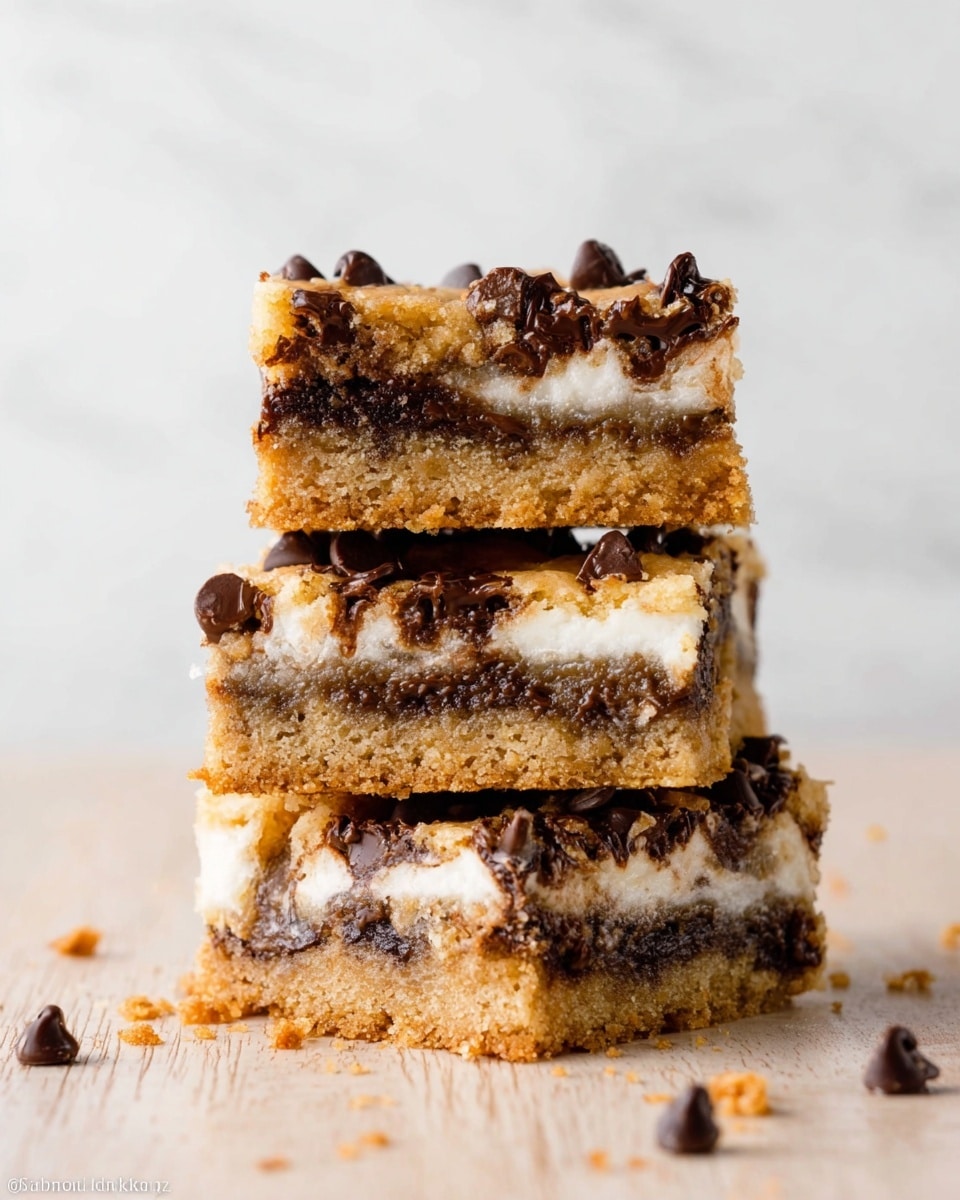 A stack of three square bars is shown on a light wooden surface with a white marbled background. Each bar has three visible layers: the bottom layer is golden brown and crumbly like a cookie or blondie, the middle layer is creamy white with soft texture, and the top layer is uneven with melted dark chocolate chips melting into the creamy layer along with some scattered chocolate chips on top. The bars look soft and chewy with a mix of rough and smooth textures, and some crumbs are scattered on the surface around them. Photo taken with an iphone --ar 4:5 --v 7