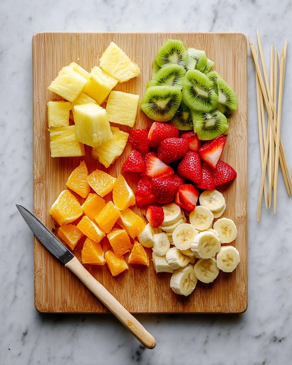 A wooden cutting board on a white marbled surface holds neatly arranged fresh fruit pieces in five groups: bright yellow pineapple chunks in the top left, green kiwi slices showing seeds next to the pineapple, whole red strawberries centered below the kiwi, chopped orange segments to the bottom left, and thick banana slices placed on the bottom right. A small knife with a light wooden handle lies diagonally across the bottom left corner of the board, and several thin wooden skewers rest on the surface at the top right edge of the image. Photo taken with an iphone --ar 4:5 --v 7