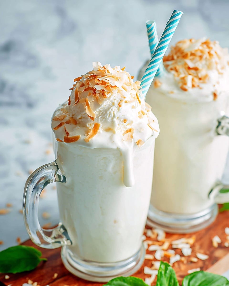 Two clear glass mason jars filled with a creamy white drink sit on a wooden tray placed on a white marbled surface. Each jar has a striped green and white straw, with one topped with a dollop of whipped cream that has orange bits sprinkled on top, and the other topped with a scoop of light yellow ice cream that is melting slightly and dripping down the side. In front of the jars, a cracked brown coconut half shows its white inside, and fresh green mint leaves lie next to it. Photo taken with an iphone --ar 4:5 --v 7