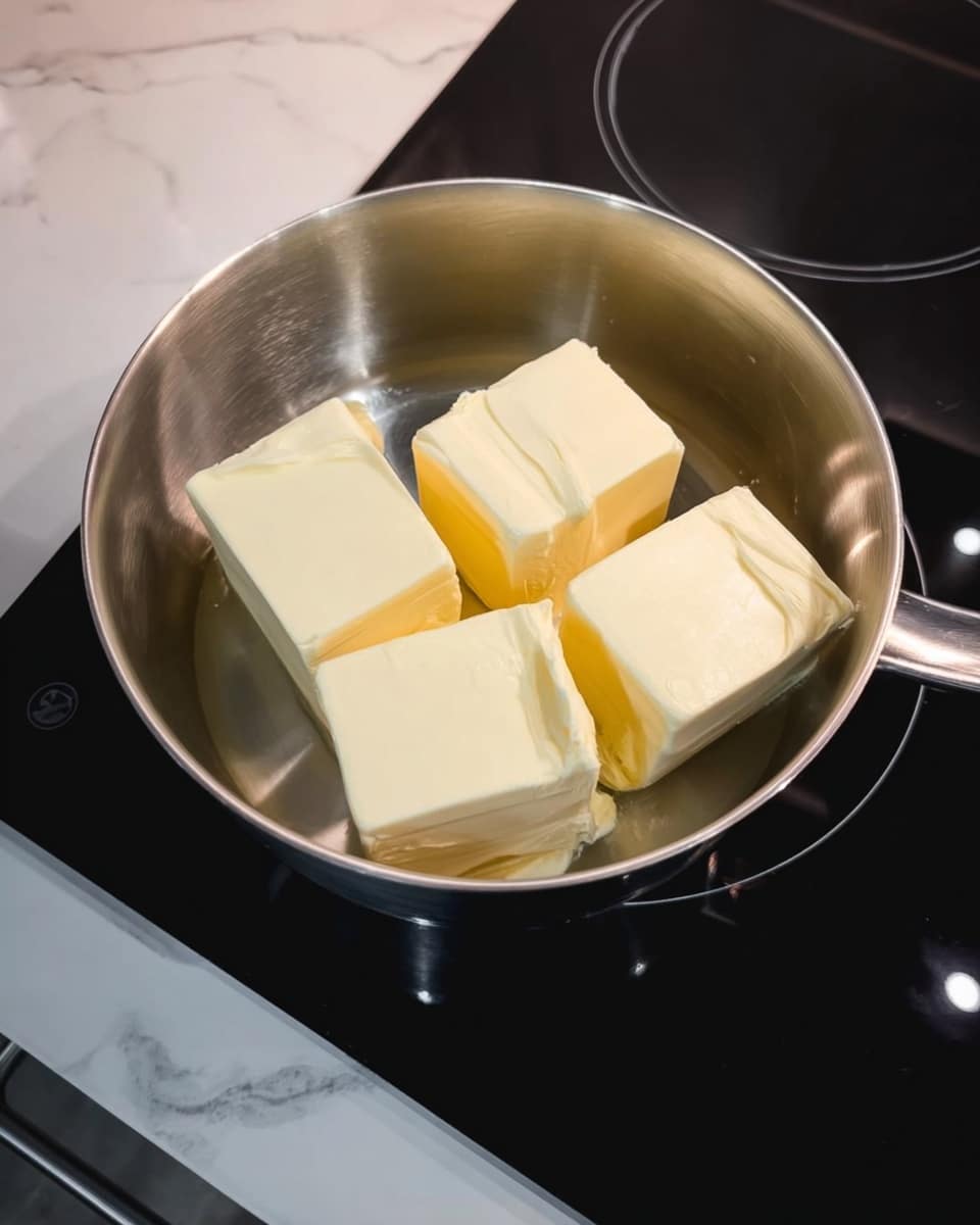 A silver pot sits on a black stove with white circle patterns, holding four thick blocks of pale yellow butter arranged loosely in the center. The butter blocks have smooth textures with sharp edges, and the pot’s shiny metal surface reflects some light. The background shows a white marbled countertop below the stove with a bit of the oven’s silver edge visible. Photo taken with an iphone --ar 4:5 --v 7