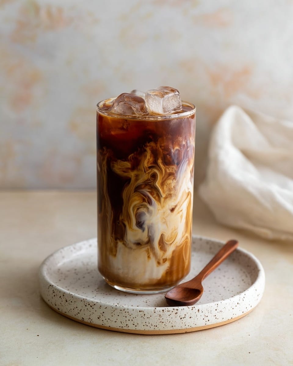 A tall clear glass filled with iced coffee sits on a white speckled plate with a small wooden spoon beside it. The drink shows dark brown coffee mixed with swirling cream, creating layers of white and light brown textures that blend together beautifully. There are large ice cubes on the top of the glass. The background has a soft white marbled texture with a blurred white cloth in the distance. Photo taken with an iphone --ar 4:5 --v 7