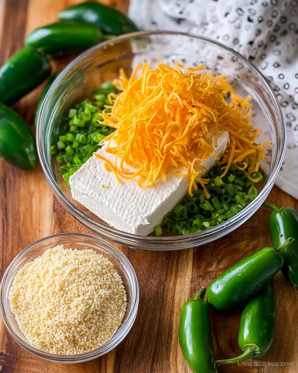 A clear glass bowl sits on a wooden table surrounded by fresh green jalapeño peppers scattered around. Inside the bowl are three distinct layers: the bottom layer is a white, creamy block of cream cheese with a smooth texture, topped on one side by a pile of bright orange shredded cheddar cheese with thin, long strands, and on the other side, chopped green onions with small, round pieces. Next to this bowl, there is another small clear glass bowl filled with light beige panko breadcrumbs with a coarse texture. The background is a white marbled surface with a white cloth featuring small black patterns partly visible at the top right corner. photo taken with an iphone --ar 4:5 --v 7