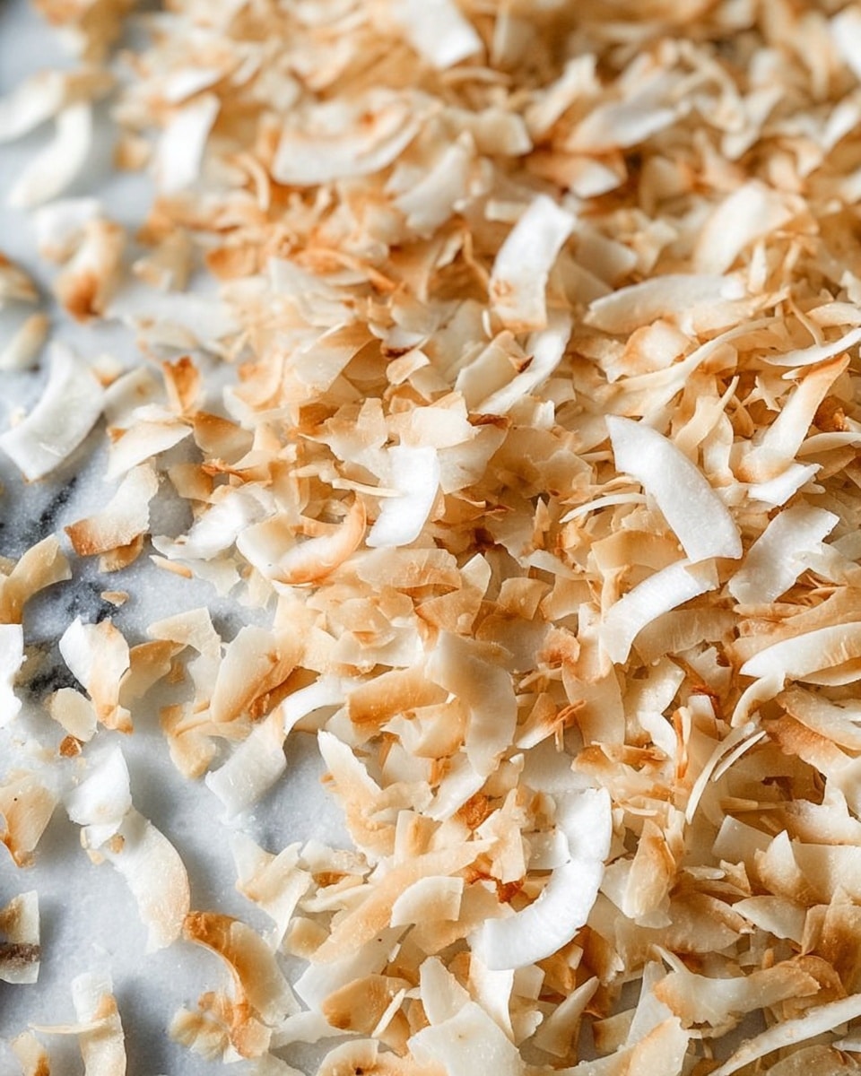 This image shows a close-up of toasted coconut flakes spread out unevenly in one layer. The flakes have a mix of light golden brown and white colors, with some pieces slightly curled and others flat, giving a textured and crunchy look. The background is a white marbled surface that gives a clean and bright feel to the image. photo taken with an iphone --ar 4:5 --v 7