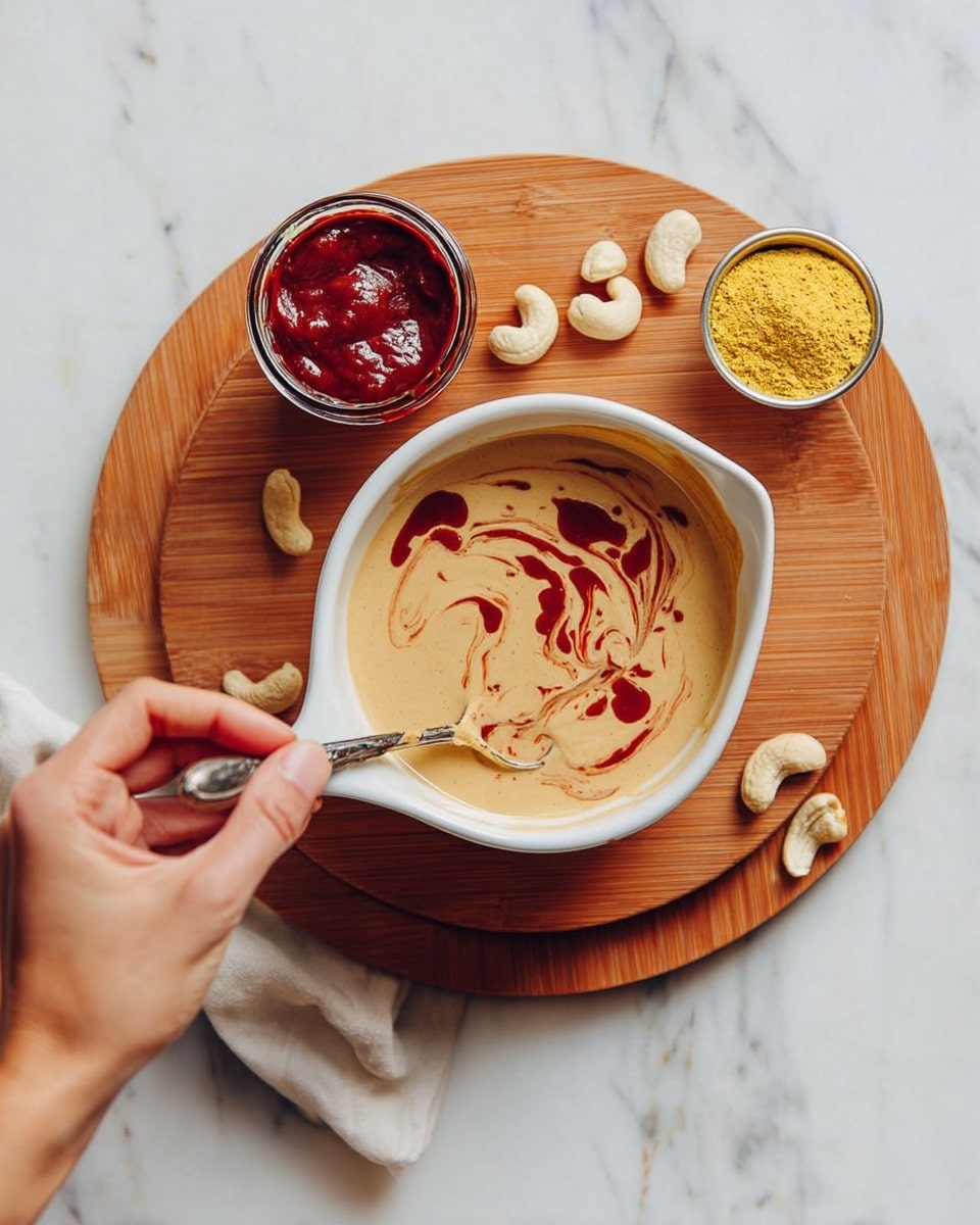 A woman's hand is stirring a creamy beige mixture with swirls of dark red sauce in a white bowl with a pouring spout. The bowl is placed on a round wooden board that also holds a small glass container of thick dark red paste, a small metal cup filled with yellow powder, and five whole cashew nuts scattered around. The scene is set on a white marbled surface. photo taken with an iphone --ar 4:5 --v 7