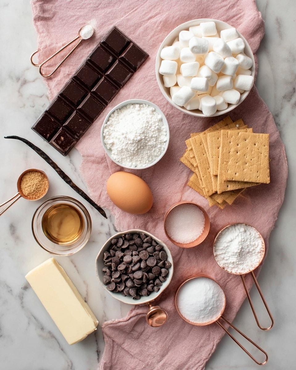 The image shows ingredients for a dessert arranged on a soft pink cloth over a white marbled surface. On the top left is a dark chocolate bar with a bowl of dark chocolate chips below it. To the right of the chocolate chips, there is a pile of small white marshmallows. Above that, four white square graham crackers are stacked. Below the marshmallows, a single brown egg is placed near the center. To the right of the egg, there is a halved vanilla bean and a small glass cup of vanilla extract. Surrounding these items are copper measuring spoons and cups filled with white sugar, brown sugar, flour, baking powder, and salt. A stick of butter partially unwrapped lies in the lower-left corner. The composition is neat and colorful with varying textures of smooth, powdery, and chunky ingredients. Photo taken with an iphone --ar 4:5 --v 7