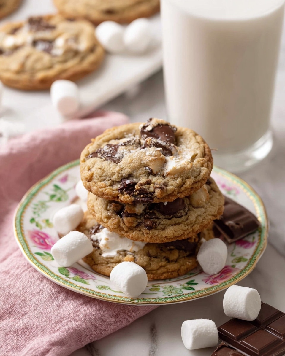 The image shows a close-up of a soft, light golden-brown cookie with a slightly crinkled surface. It has two white, fluffy marshmallow blobs near the center and several small, thick chunks of melted dark chocolate embedded in the cookie dough. The cookie rests on crinkled white parchment paper, which sits on a white marbled surface. Around the cookie, there are small pieces of white marshmallow and rectangular pieces of dark chocolate. The lighting highlights the cookie’s chewy texture and the shiny, melty chocolate pieces. photo taken with an iphone --ar 4:5 --v 7