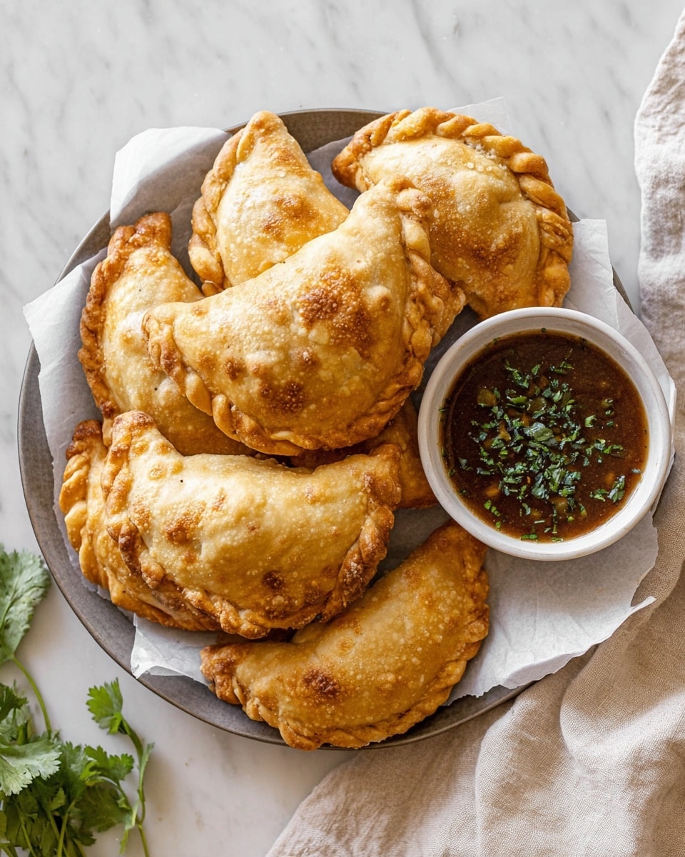 A round white plate lined with white parchment paper holds a stack of eight golden-brown empanadas arranged in a loose pile, their crusts showing detailed folds and crisp edges with a slightly shiny texture indicating they are baked. To the right of the empanadas, a small white bowl is filled with dark reddish-brown dipping sauce topped with chopped green herbs, adding a fresh color contrast. The plate is set on a white marbled surface with some green herb leaves partially visible in the top left corner and a soft beige cloth on the bottom right side. photo taken with an iphone --ar 4:5 --v 7