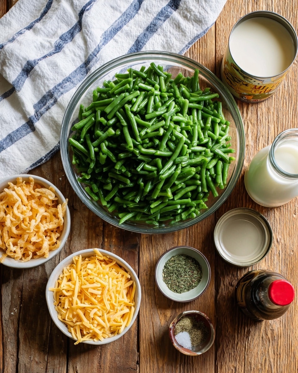 The image shows a large clear glass bowl filled with bright green chopped beans piled up, placed on a wooden surface with a white and blue striped cloth on the left side. Surrounding the bowl are three small white bowls, one with shredded yellow cheese, another with crispy fried onions, and a small bowl of mixed herbs and salt. There is also an open can of creamy mushroom soup, a small glass bottle of milk, and a dark soy sauce bottle with a red cap arranged casually around the bowls. The surface is wooden, adding a warm rustic feel to the scene. photo taken with an iphone --ar 4:5 --v 7