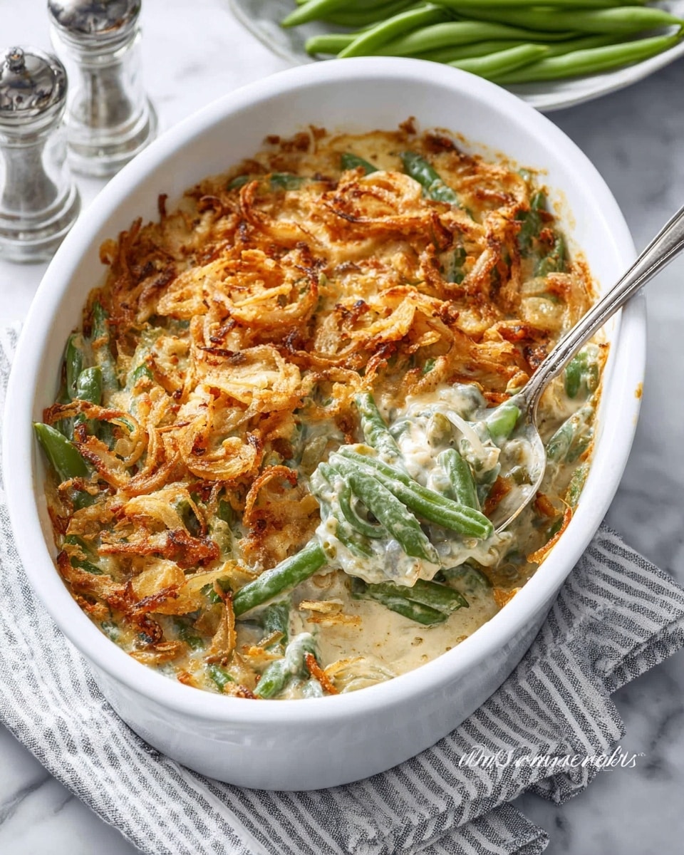 A white oval baking dish filled with a creamy green bean casserole showing three main layers: at the bottom, soft green beans mixed with thick, creamy sauce creating a pale green and off-white textured base, in the middle, more green beans are visible, scattered within the creamy sauce, and on top, a golden brown layer of crispy fried onions lightly browned with some darker spots, giving a crunchy texture contrast. A silver spoon scoops out a portion from one side, revealing the creamy inside with chunks of green beans. The dish sits on a white marbled surface with a striped white and grey kitchen towel under one edge, and a bowl of fresh green beans and salt and pepper shakers can be seen blurred in the background. photo taken with an iphone --ar 4:5 --v 7