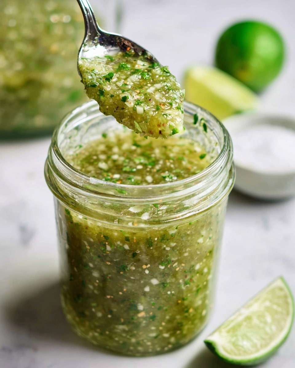 A clear glass jar filled with a chunky green salsa that has visible small white bits and finely chopped green herbs throughout, with black specks scattered inside. A spoon is lifting some salsa out of the jar showing its slightly textured, thick consistency. In the background are a white bowl with coarse salt, two halves of a bright green lime, and another jar with more salsa. The whole scene is on a white marbled surface and the lighting is bright and natural. photo taken with an iphone --ar 4:5 --v 7