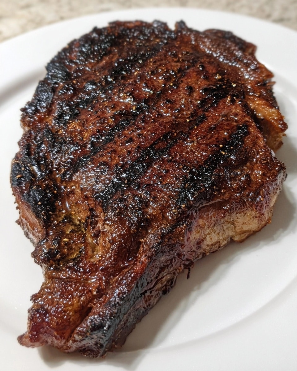 A single large steak with a dark brown crust and visible char marks covers most of a white plate. The surface of the steak is shiny with a slight oily glaze, showing textured browned and blackened edges. The white plate beneath contrasts with the rich, juicy meat. The background is a white marbled texture. photo taken with an iphone --ar 4:5 --v 7