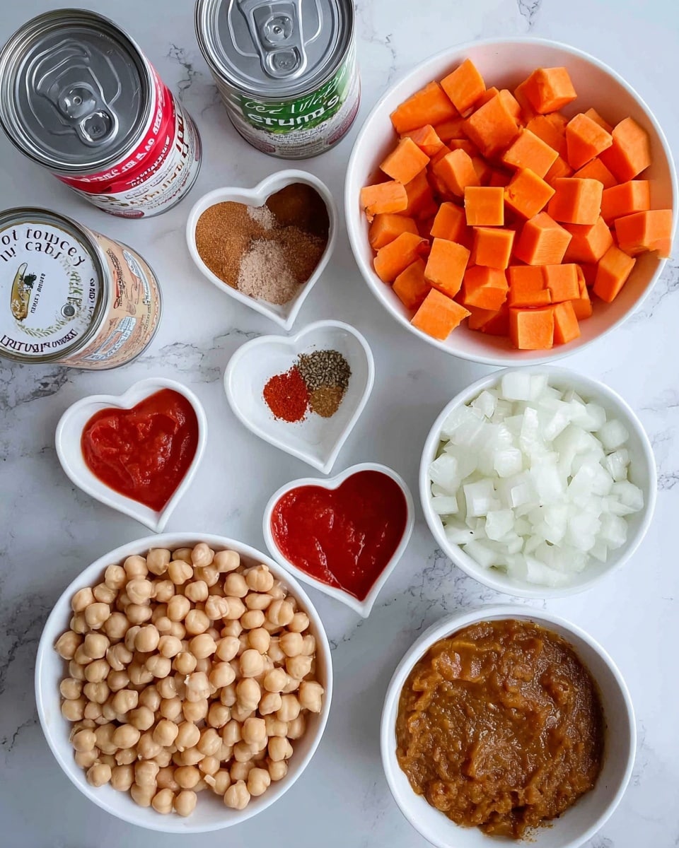 The image shows several ingredients arranged on a white marbled surface. On the top right is a white bowl filled with small white chopped onions. Below that, there is a white bowl filled with bright orange cubed sweet potatoes. To the bottom left, a white bowl holds a pile of beige chickpeas. In the middle, there are three small white bowls: one contains red tomato paste in a heart shape bowl, another holds a mix of brown and red spices, and the third has minced garlic. On the top left, there are two cans placed horizontally, one labeled reduced fat coconut milk and the other chopped tomatoes. Lastly, a white bowl filled with a thick brown mixture, which looks like a paste or sauce, is placed near the garlic and spices. All items sit neatly on the white marbled surface. photo taken with an iphone --ar 4:5 --v 7