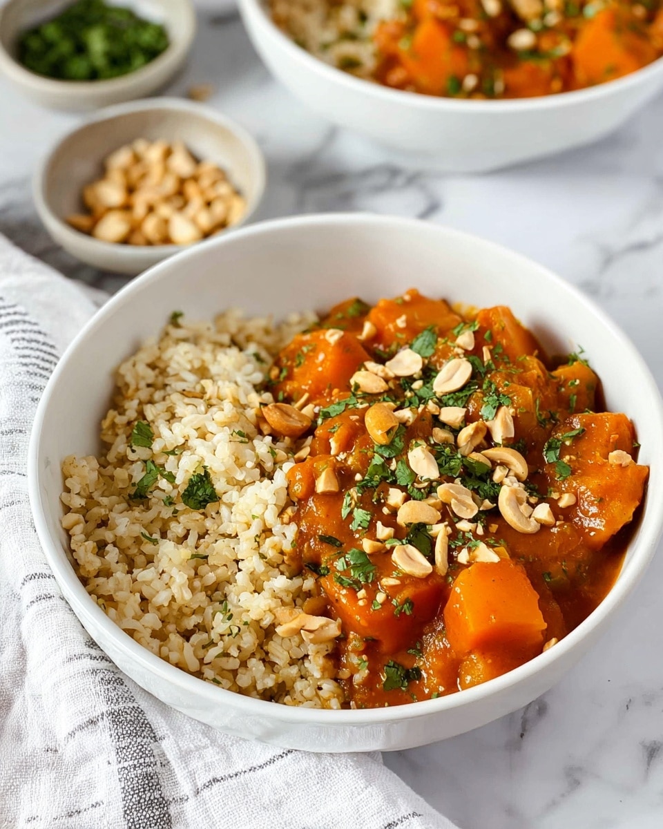A white bowl filled with two main layers: on one side, light brown cooked rice with separate grains, and on the other, chunky orange stew with large pieces of soft vegetables in a thick sauce. The stew is topped with chopped peanuts and small green herb pieces, adding texture and color contrast. In the blurred background, another bowl with the same stew is visible. The dish is placed on a white marbled surface with a white and gray striped cloth nearby, along with small bowls holding chopped herbs and peanuts. photo taken with an iphone --ar 4:5 --v 7