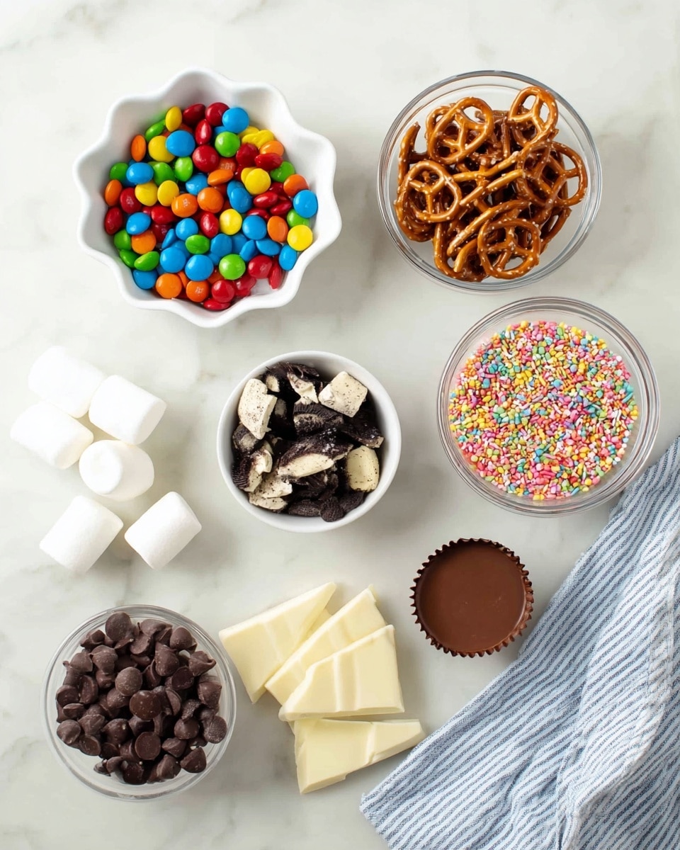 The image shows an arrangement of small white bowls and glass bowls on a white marbled surface, each filled with different colorful ingredients. On the top left, a white scalloped bowl is filled with red, blue, green, yellow, orange, and brown candy-coated chocolates. To the right, a glass bowl contains broken pretzel sticks with a mix of light brown and white colors. Below it, another white scalloped bowl holds chunks of black and white cookie pieces. Near the center, a single chocolate cup with a smooth brown surface is placed alone. Below this, small triangular pieces of pale yellow-white chocolate rest on the surface. On the left side, two large white marshmallows and two large pieces of milk chocolate squares appear near the top-left corner. A white bowl filled with small, shiny, round dark brown chocolate chips is near the center-right, beside a blue-striped cloth napkin. At the bottom, a clear glass bowl is filled with colorful round and rod sprinkles in red, orange, yellow, green, blue, pink, white, and black. The whole setting is neatly spaced on a clean white marbled surface. Photo taken with an iphone --ar 4:5 --v 7