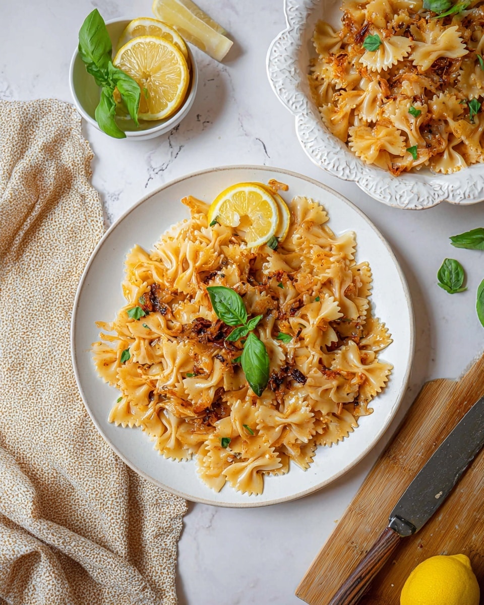 A white plate holds a serving of bow-tie pasta coated in a creamy orange sauce, mixed with caramelized thin onion slices and pieces of herbs. The pasta is scattered with fresh green basil leaves on top, adding a bright contrast. A thin lemon wedge is placed near the edge of the plate. In the background, more pasta is seen in a white, round ceramic dish with scalloped edges, also garnished with basil and lemon. The scene is set on a white marbled surface with a beige cloth folded softly beside the plate. A small bowl with green leaves and a wooden board with lemon wedges and scattered herbs add extra visual interest, photo taken with an iphone --ar 4:5 --v 7