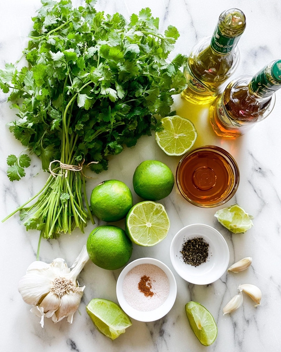 The image shows fresh ingredients laid out on a white marbled surface, including a large bunch of bright green cilantro with stems tied in a bundle, several whole green limes and one lime cut in half showing its juicy inside, a bulb of garlic with some peeled cloves nearby, a small white bowl of black pepper, a smaller white cup of brown sugar, and another white bowl containing coarse salt. There are two bottles of condiments near the top right corner, one filled with clear olive oil and the other with amber honey, both with their lids open. The scene is bright and clean, capturing the freshness and natural colors of the ingredients clearly. photo taken with an iphone --ar 4:5 --v 7