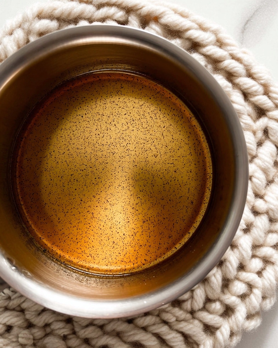 A close-up view of a shiny stainless steel pot filled with clear golden brown liquid, the surface smooth with tiny black specks evenly spread throughout, sitting on a thick, cream-colored knitted mat. The pot is set against a white marbled background. The lighting highlights the smooth texture and metallic shine of the pot. Photo taken with an iphone --ar 4:5 --v 7