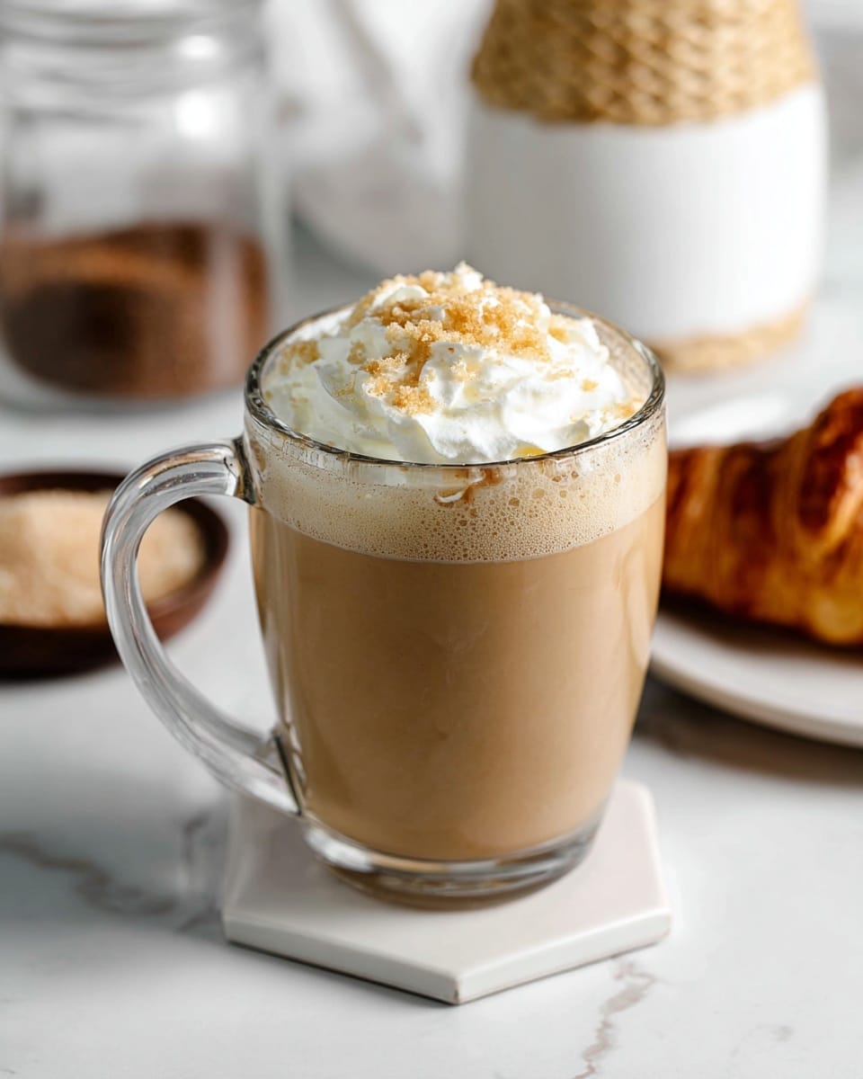 A clear glass mug filled with a light brown creamy drink, topped with a dollop of white whipped cream sprinkled with light brown granules. The mug has a clear handle and sits on a white hexagon marble coaster. In the background, slightly blurred, there is a white jar with a woven holder, a small bowl with brown sugar, and a golden-brown croissant on a white plate, all placed on a white marbled surface. photo taken with an iphone --ar 4:5 --v 7