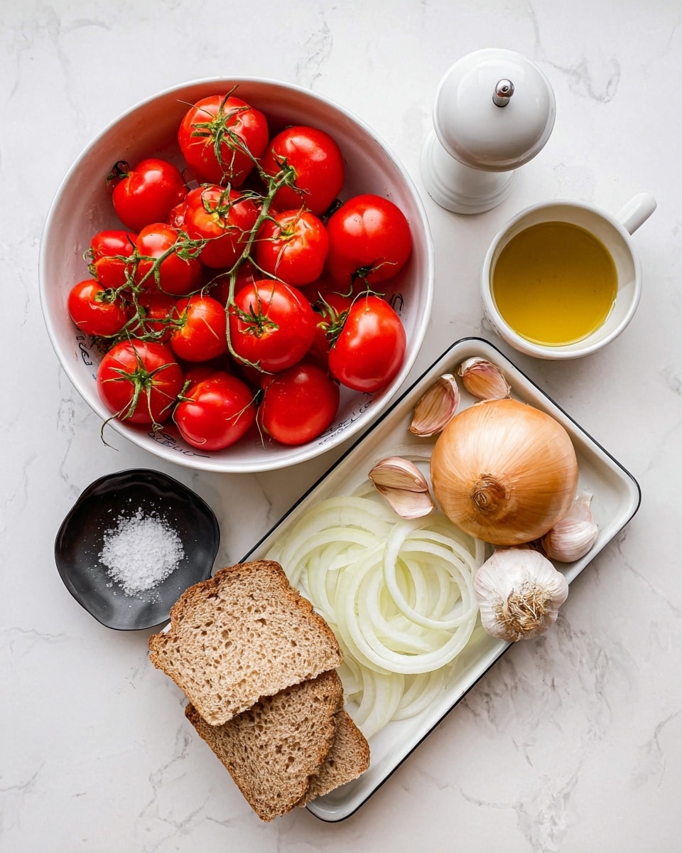 A large white bowl filled with bright red tomatoes on green stems sits on a white marbled surface. Next to it is a white tray holding several layers: at the bottom, thin pale yellow onion slices spread out; above them, a whole yellow onion, a bulb of garlic with some loose cloves, a thick slice of brown bread, and some torn bread pieces. A small black dish with white salt sits in the tray’s corner. Nearby, a small white bowl contains golden olive oil, and a white pepper grinder stands behind all the items. Photo taken with an iphone --ar 4:5 --v 7