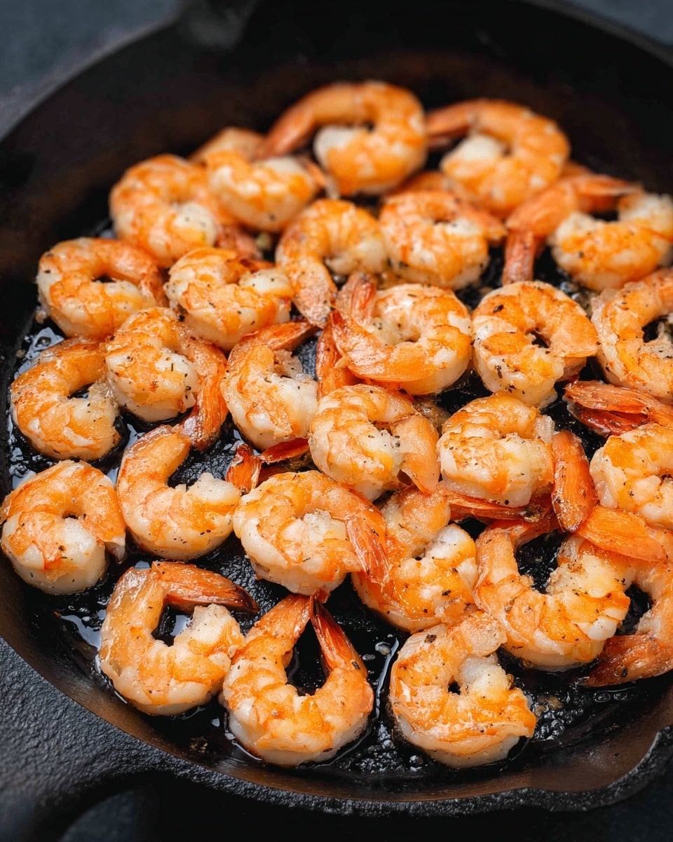 A black cast iron pan filled with about 30 cooked shrimp arranged close together in a single layer, the shrimp are orange with white accents and slightly curled, showing a slightly shiny, cooked texture on a black pan surface with a hint of oil or butter. The pan is centered and the background around it is not visible due to the close-up view. photo taken with an iphone --ar 4:5 --v 7