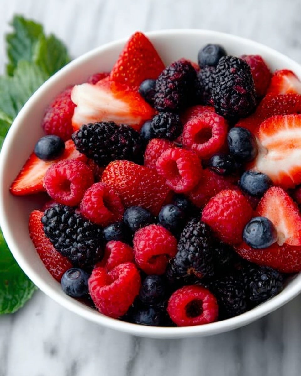 A white bowl filled with a mix of fresh berries placed on a white marbled surface, showing three main layers of fruit: whole and halved strawberries with a bright red color and juicy texture, blackberries that are shiny and deep black, and raspberries that are soft and red. There are also scattered blueberries in dark blue among the berries. To the right of the bowl, there is a small sprig of fresh green mint leaves adding a touch of brightness. In the background, a striped white and blue cloth is slightly out of focus, enhancing the fresh and clean look. Photo taken with an iphone --ar 4:5 --v 7