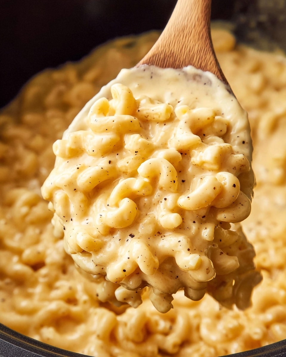 A close-up view of creamy macaroni and cheese being lifted by a wooden spoon from inside a black pot. The macaroni is covered in smooth, light yellow cheese sauce with tiny black pepper specks scattered on top. The pasta shapes are curly and tightly packed together, with the sauce clinging thickly to each piece. The background shows more of the creamy macaroni and cheese filling the pot, with a warm, soft texture. Photo taken with an iphone --ar 4:5 --v 7