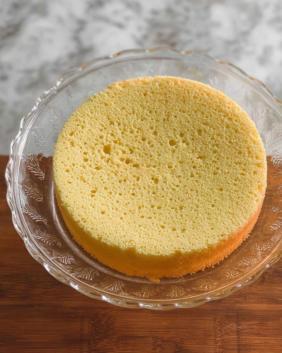 A single round yellow sponge cake with a slightly uneven top edge sits on a clear glass plate with a decorative pattern. The cake has a soft, porous texture with tiny holes visible across the surface. The background is a white marbled texture. photo taken with an iphone --ar 4:5 --v 7